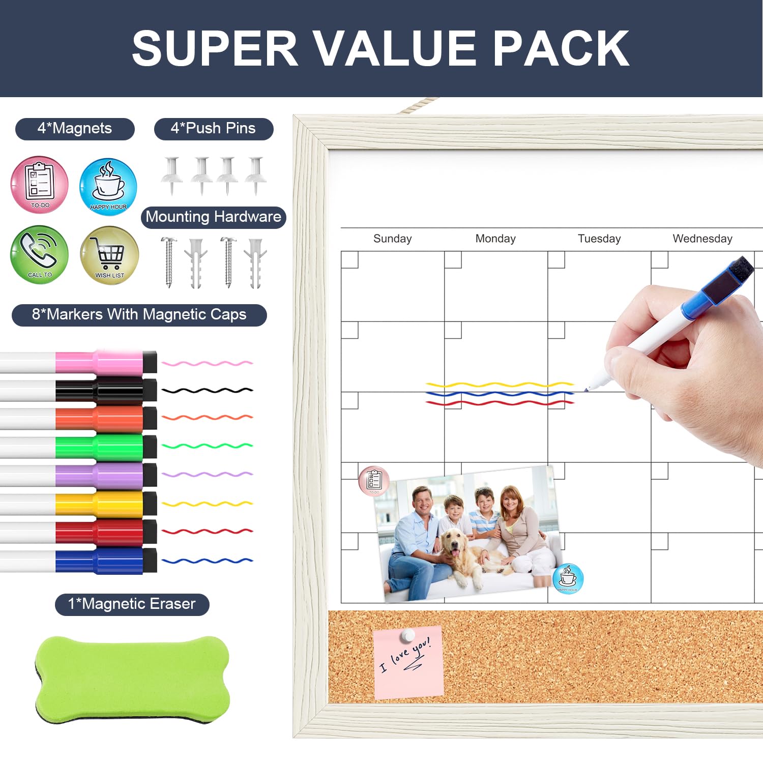 TANKEE 17"x13" Whiteboard Calendar Cork Board Combo, Magnetic White Board Monthly Calendar with Wood Framed, Hanging Dry Erase Board for Kitchen Home Office Planner