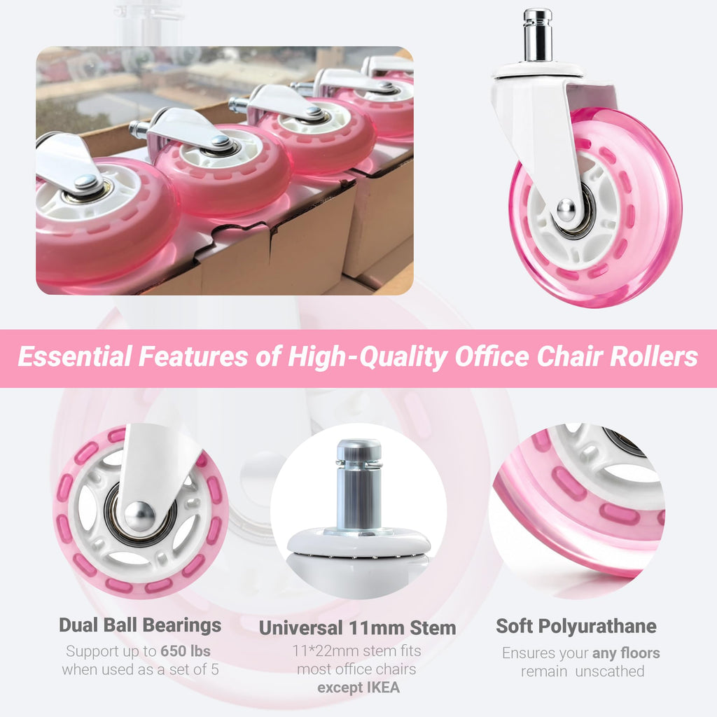 Pink Office Chair Caster Wheels Set of 5, 3 Inch Heavy-Duty Rubber Chair Casters Replacement, Computer Gaming Desk Caster Wheels Smooth Rolling for Hardwood Carpet Tile Floors, 11 * 22mm Universal fit