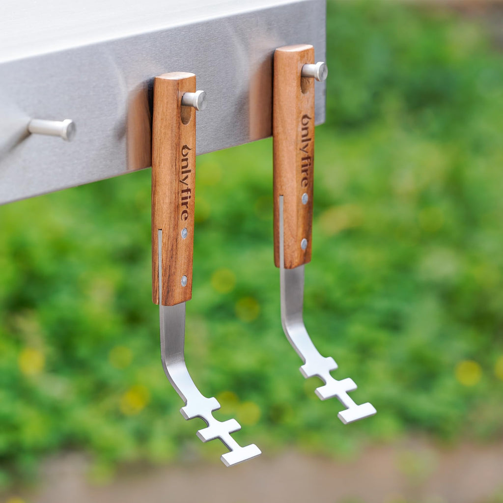 onlyfire 2PCS Stainless Steel Grill Grate Lifters with Acacia Wood Handle, BBQ Grate Lifter Tool for Safe Handling of Hot Grates, BBQ Accessories