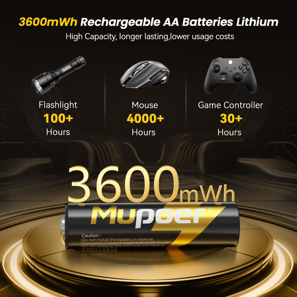 Rechargeable Batteries AA Lithium with Charger,3600mWh Lithium Battery Aa 4 Pack 1.5V,Double AA Batteries for Blink Cameras High Capacity,Piles A Li-ion Battery with Charging Storage Box