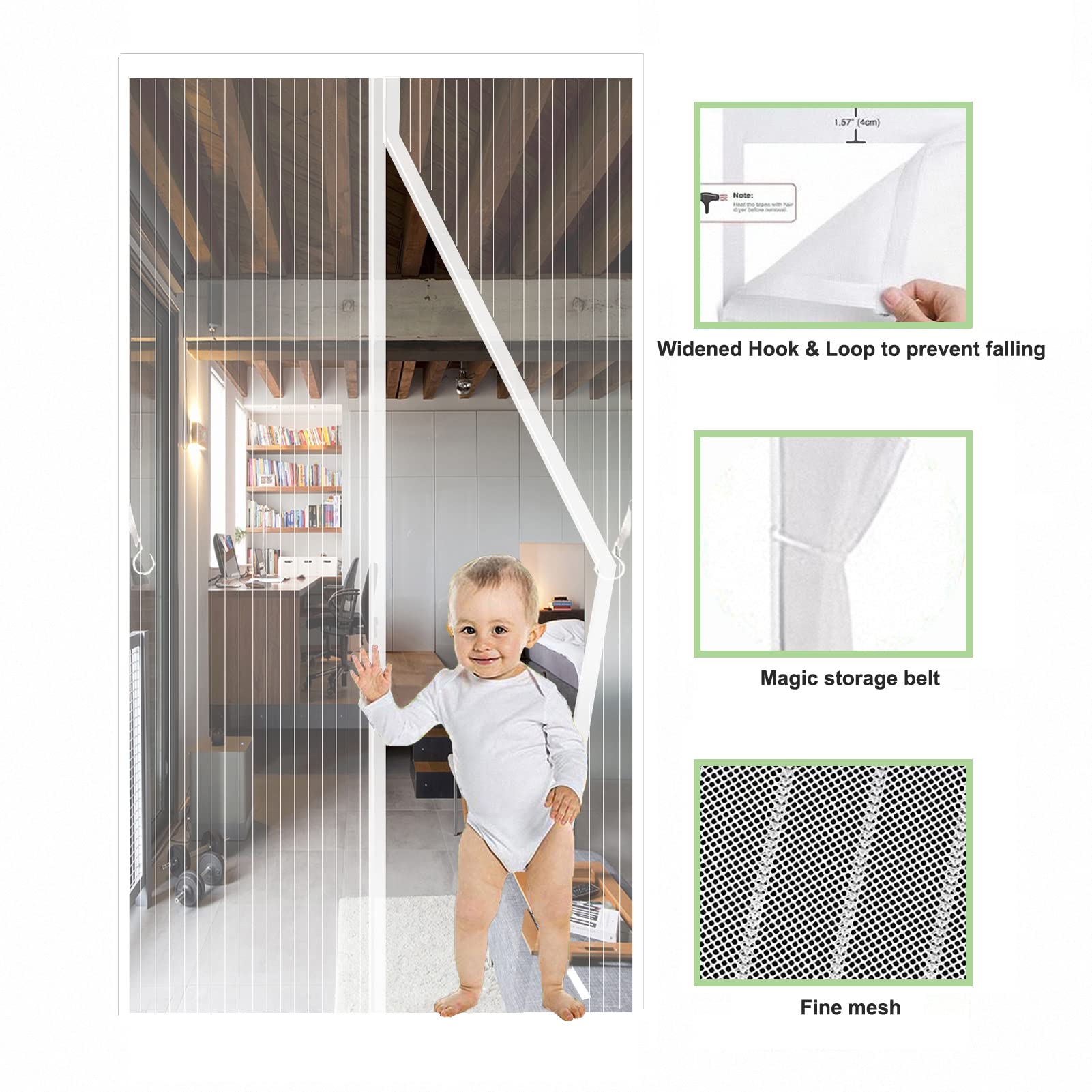 White Magnetic Screen Door Fits Door Size 32x80in Screen Size 34x82in Heavy Duty Mesh Full Frame With Magic Tape