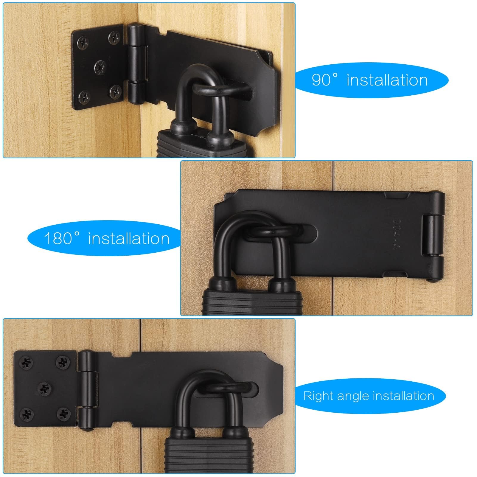 Door Latch Hasp with Door Padlock and Screw, Stainless Steel Door Lock with Key, Heavy Duty Hasp and Staple, Gate Lock, Waterproof Shed Lock, Latch Lock for Bedroom Door Patio Door Garden Gate (Black)