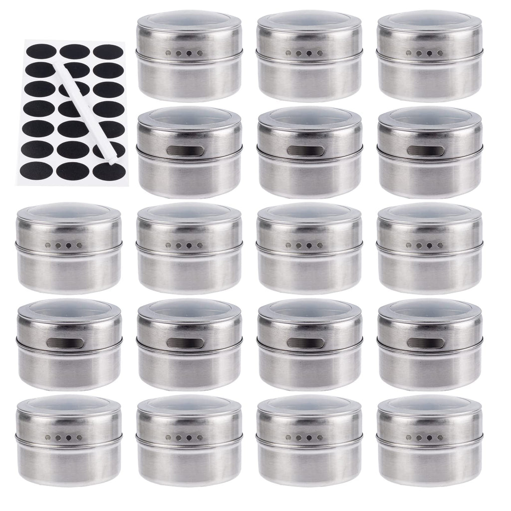 18 Pack Magnetic Spice Jars,Stainless Steel Storage Spice containers Include Labels and Pen,Clear Top Lid with Sift or Pour,Magnetic on Refrigerator and Grill-Easy to Install