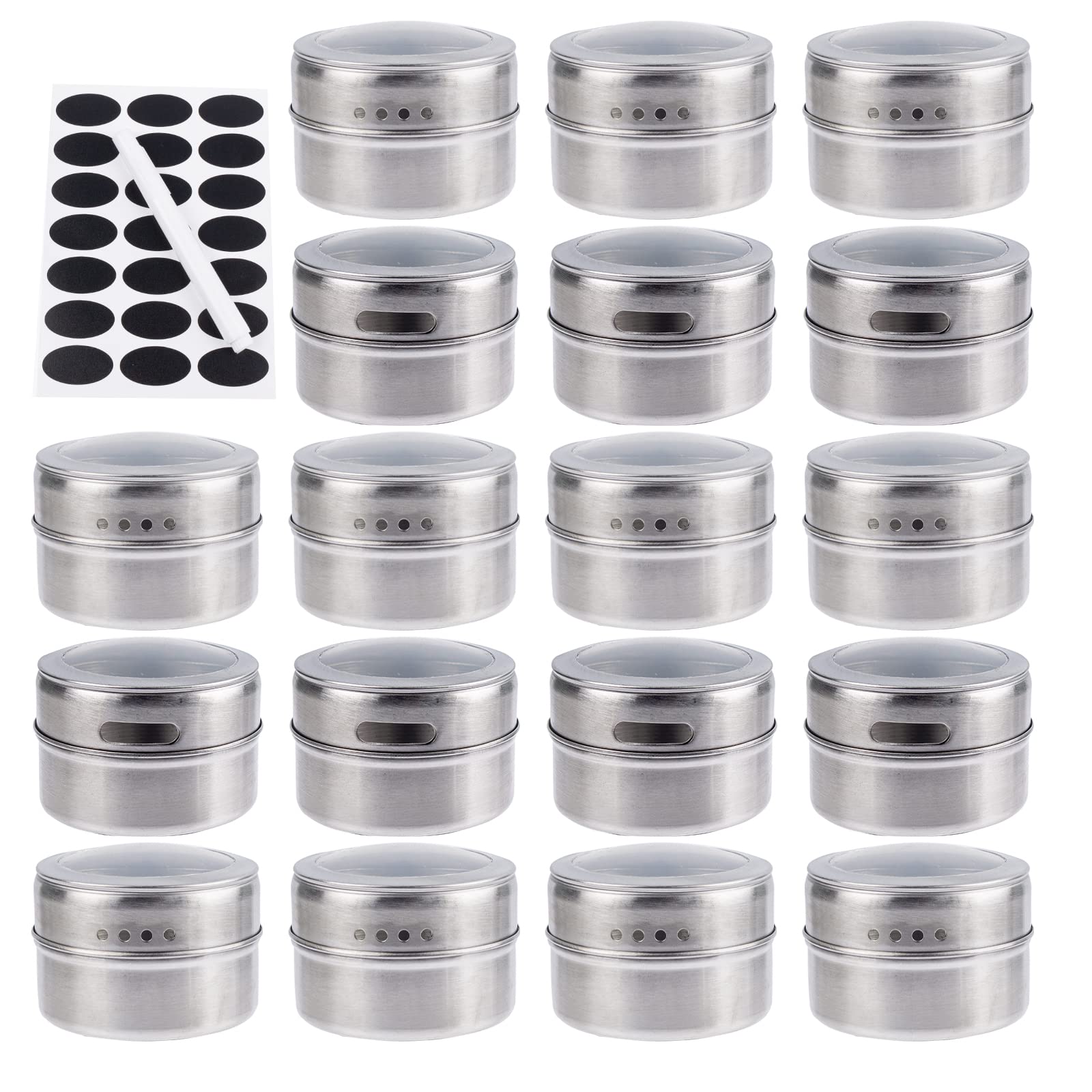 18 Pack Magnetic Spice Jars,Stainless Steel Storage Spice containers Include Labels and Pen,Clear Top Lid with Sift or Pour,Magnetic on Refrigerator and Grill-Easy to Install