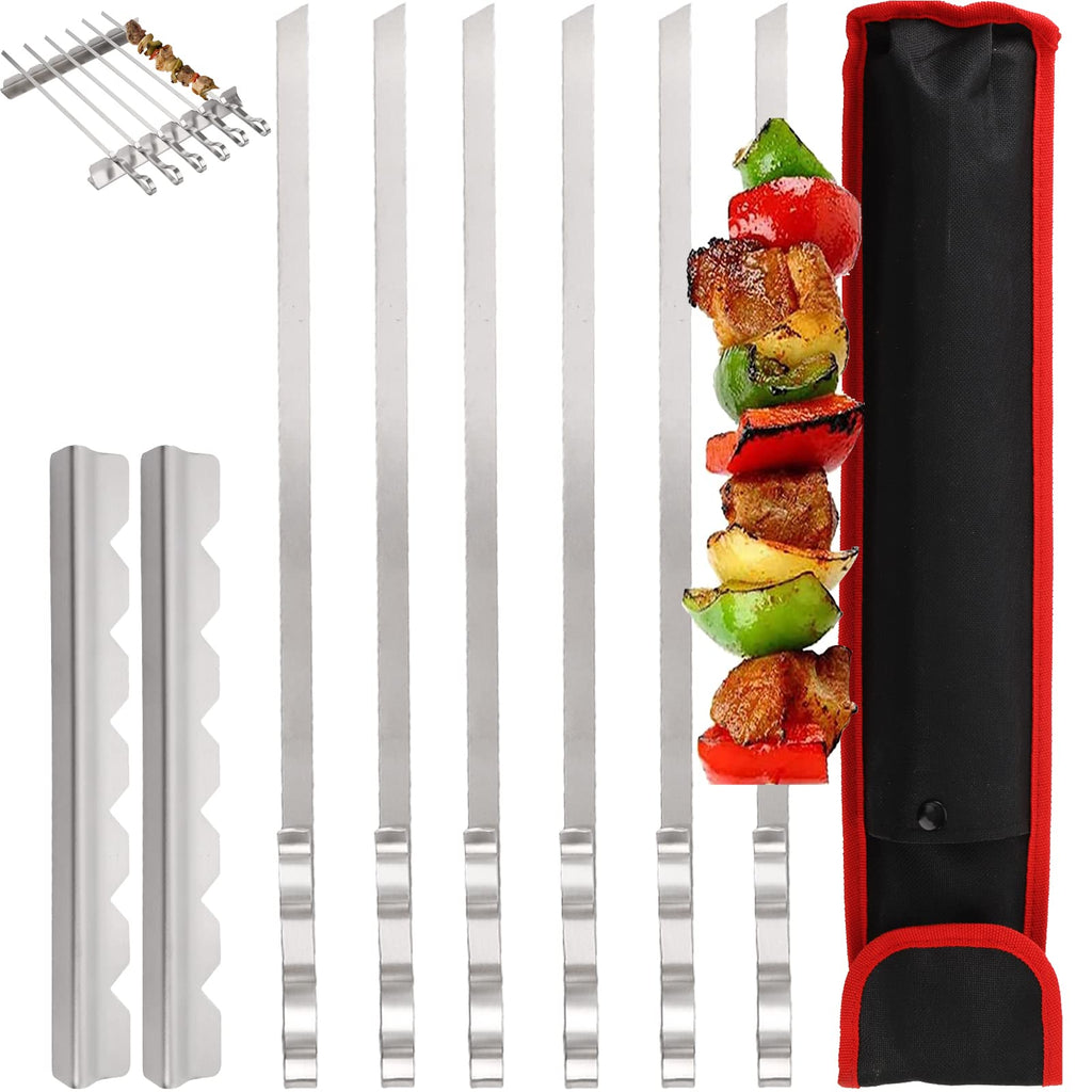 Dicunoy 9 Pcs Metal Barbecue Skewers Shish Kabob Set, 17" Heavy Duty Flat Wide Kabob Skewers for Grilling, Reusable Stainless Steel Flat Shish BBQ Sticks with Rack Stand for Meat, Vegetable Grill