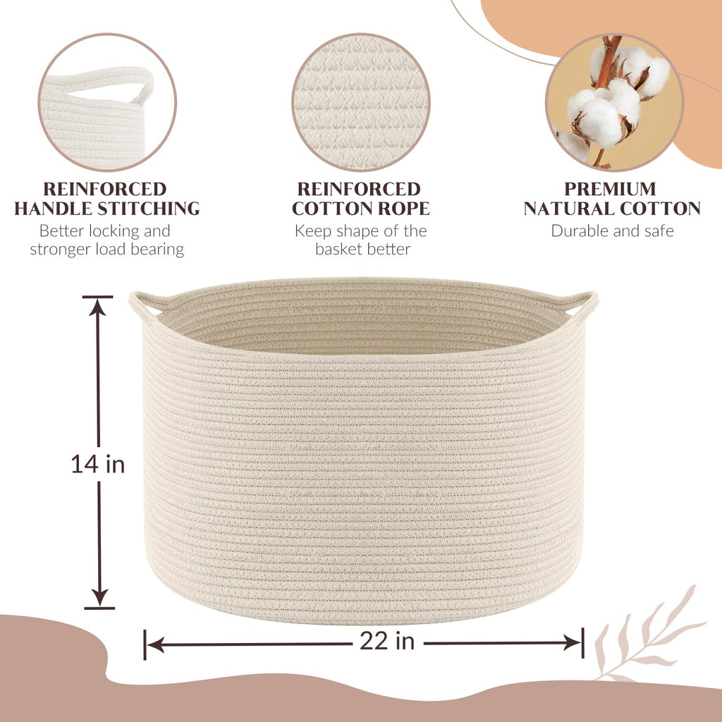 Large Storage Basket Rope Basket, Maliton Extra Large Cotton Rope Bin 22" x 22" x 14" XXXLarge Basket Woven Storage Basket Toy Bin with Handle Comforter Cushions Storage Bins Thread Laundry Hamper