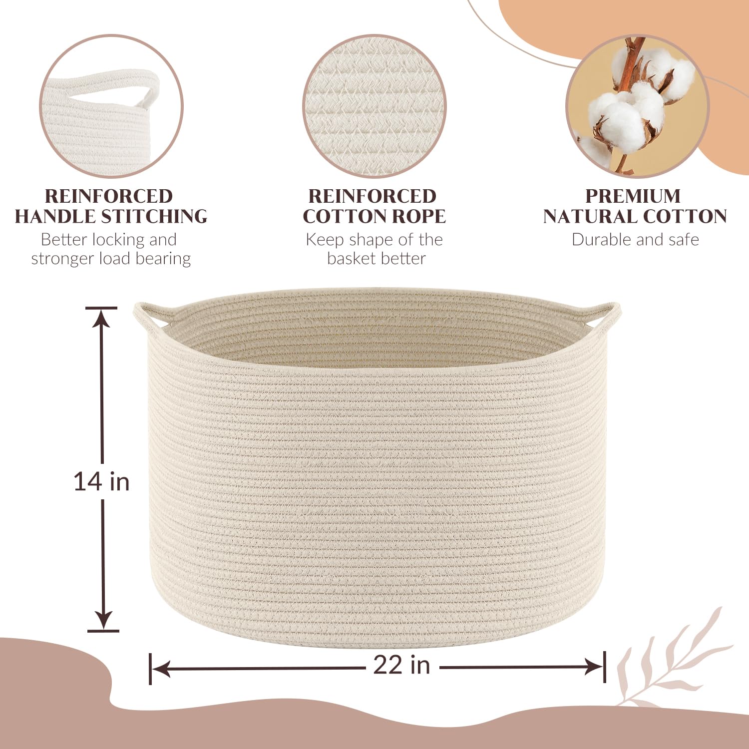 Large Storage Basket Rope Basket, Maliton Extra Large Cotton Rope Bin 22" x 22" x 14" XXXLarge Basket Woven Storage Basket Toy Bin with Handle Comforter Cushions Storage Bins Thread Laundry Hamper