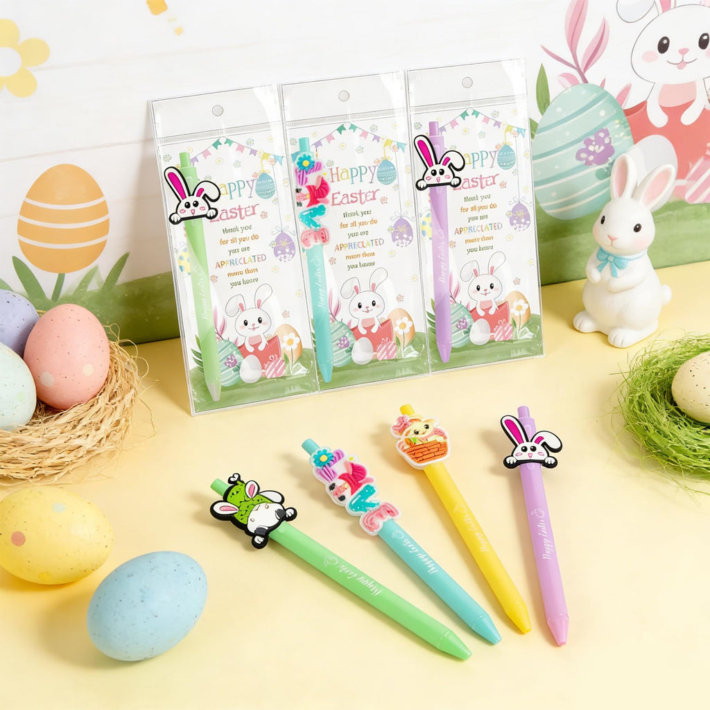 UgyDuky 30Pcs Easter Party Favors Pens with Bunny & Egg Toppers, Happy Easter Printed Ballpoint Pens, Spring Holiday Writing Pens with Thank You Cards, Office & Classmates Gift Exchanges