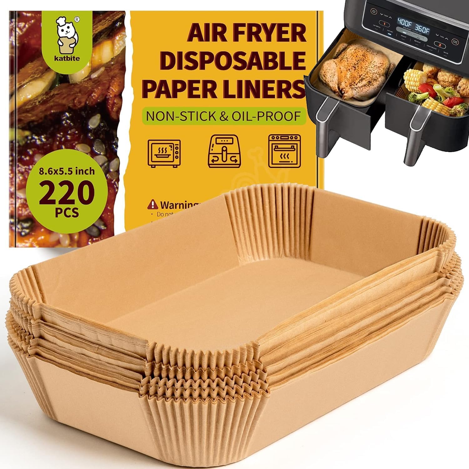 Katbite 220PCS Rectangle Air Fryer Liners, 8.6x5.5'' Air Fryer Liners Disposable for Ninja Dual Air Fryer, Oil-Proof Air Fryer Parchment Paper Liners for Air Fryer Basket for Foodi DZ201, DZ401, FG551