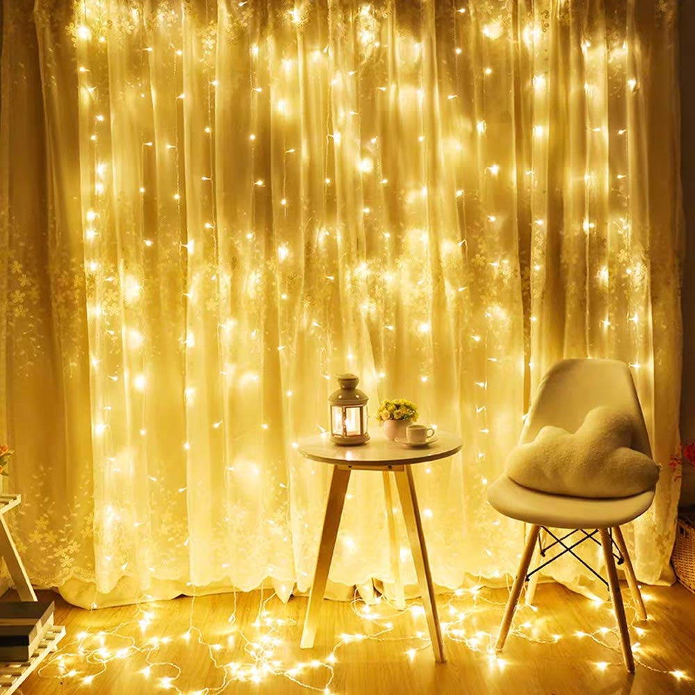 Led Curtain Lights 9.8 x 9.8 Feet 300 LEDs, 8 Modes with Waterproof Connector, Warm White