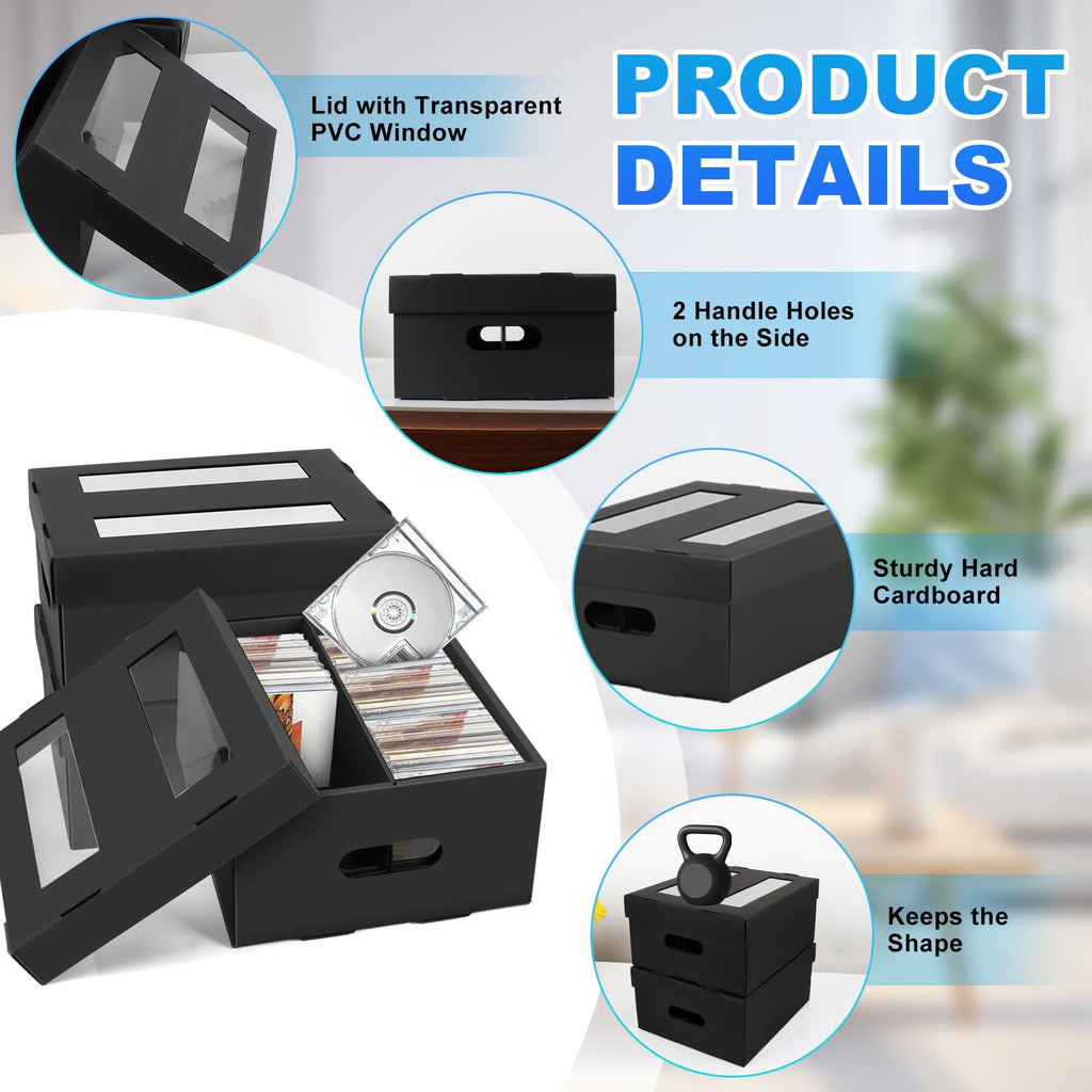 AOPULE CD Storage Boxes, 3 Pack 2 Compartment CD Case Storage, Cardboard DVD Case Holder with PVC Clear Lid, Each Holds 60 CDs in Full Jewel Cases,120 CDs in Slim Cases, 330 Discs in Sleeves