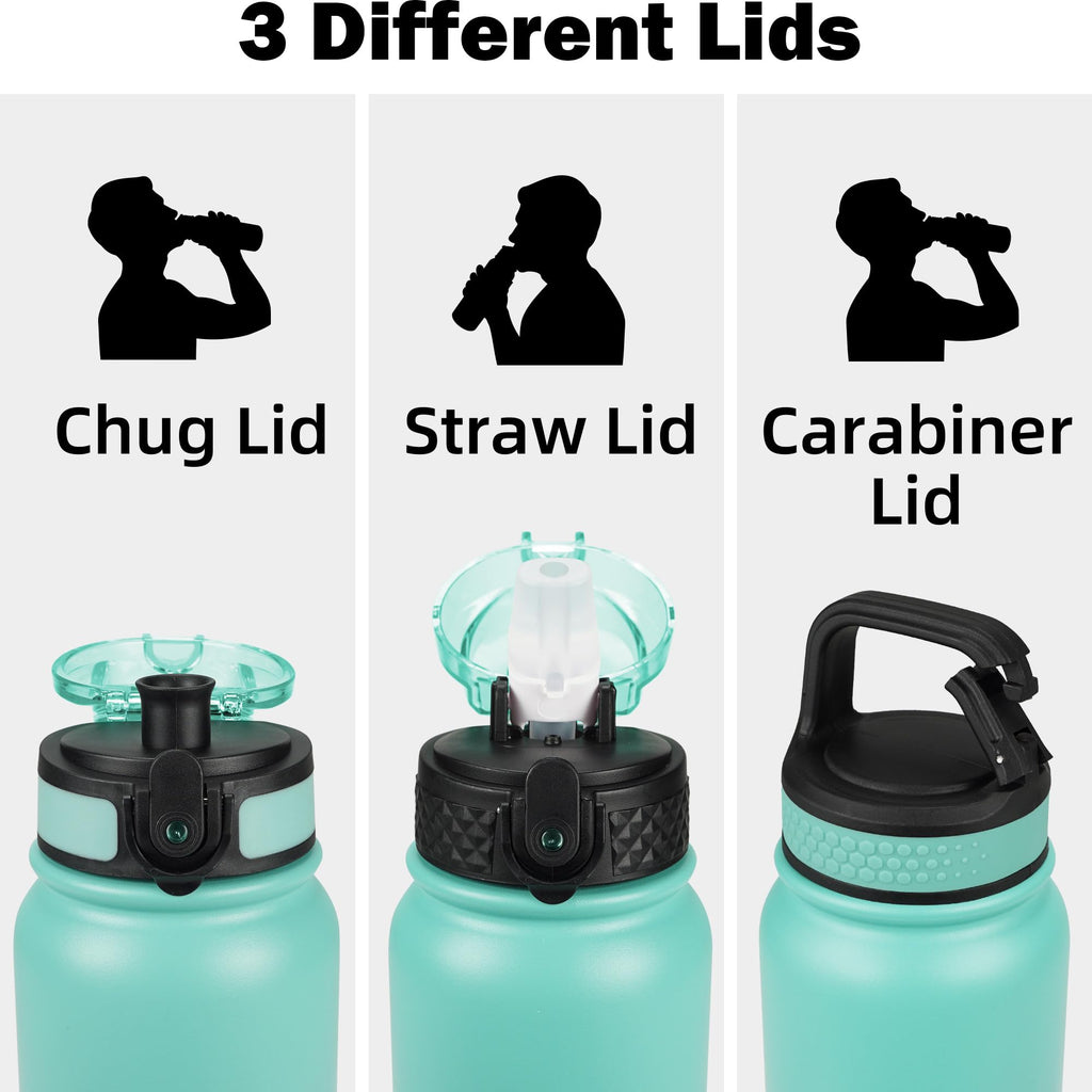 Oldley Insulated Water Bottle 20oz for Adults Kids Stainless Steel Water Bottles with Straw/Chug/Carabiner 3 Lids Fruit Strainer Double Wall Vacuum Wide Mouth BPA Free Leak-Proof for School Travel