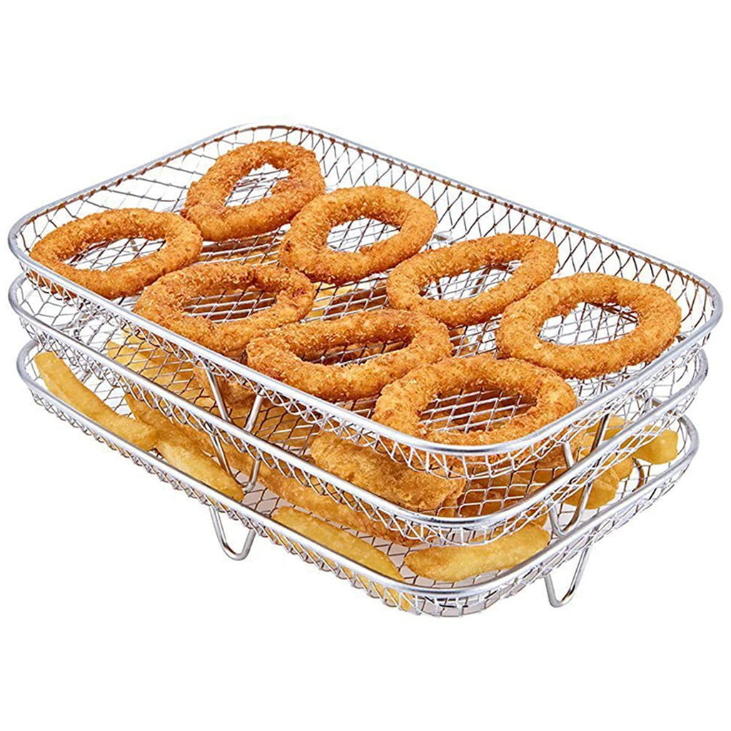 Three Stackable Dehydrator Racks Air Fryer Rack for Ninja Dual Fryer, Air Fryer Accessories 304 Stainless Steel Air Fryer Basket Tray for Oven and Press Cooker Compatible (Rectangle)