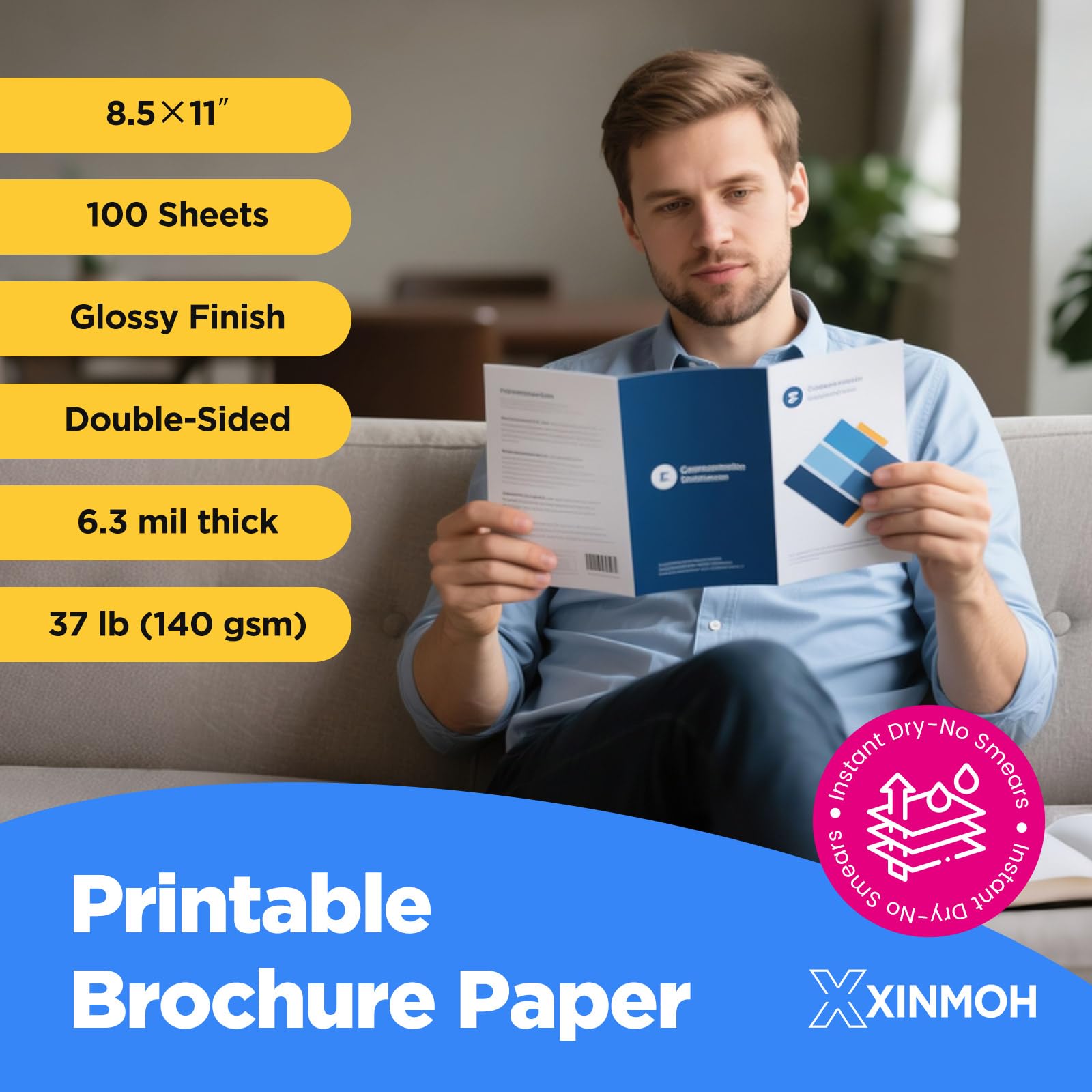 XXINMOH 100 Sheets Inkjet Glossy Brochure and Flyer Paper 8.5x11 Inch 37lbs 140gsm, Photo Printing Paper, Glossy Cardstock, Professional Quality Double Sided Instant Dry and Water-Resistant