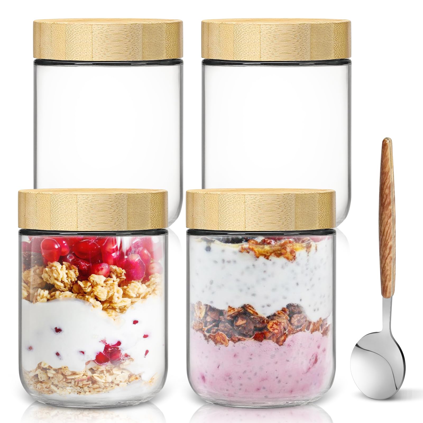 Overnight Oats Containers with Lids,16oz Wide Mouth Glass Mason Jars with Bamboo Lid,Overnight Oats Jars with Spoons,Meal Prep Jar with Airtight Lid for Yogurt,Chia Pudding,Snacks,Salad,Spice 4pack