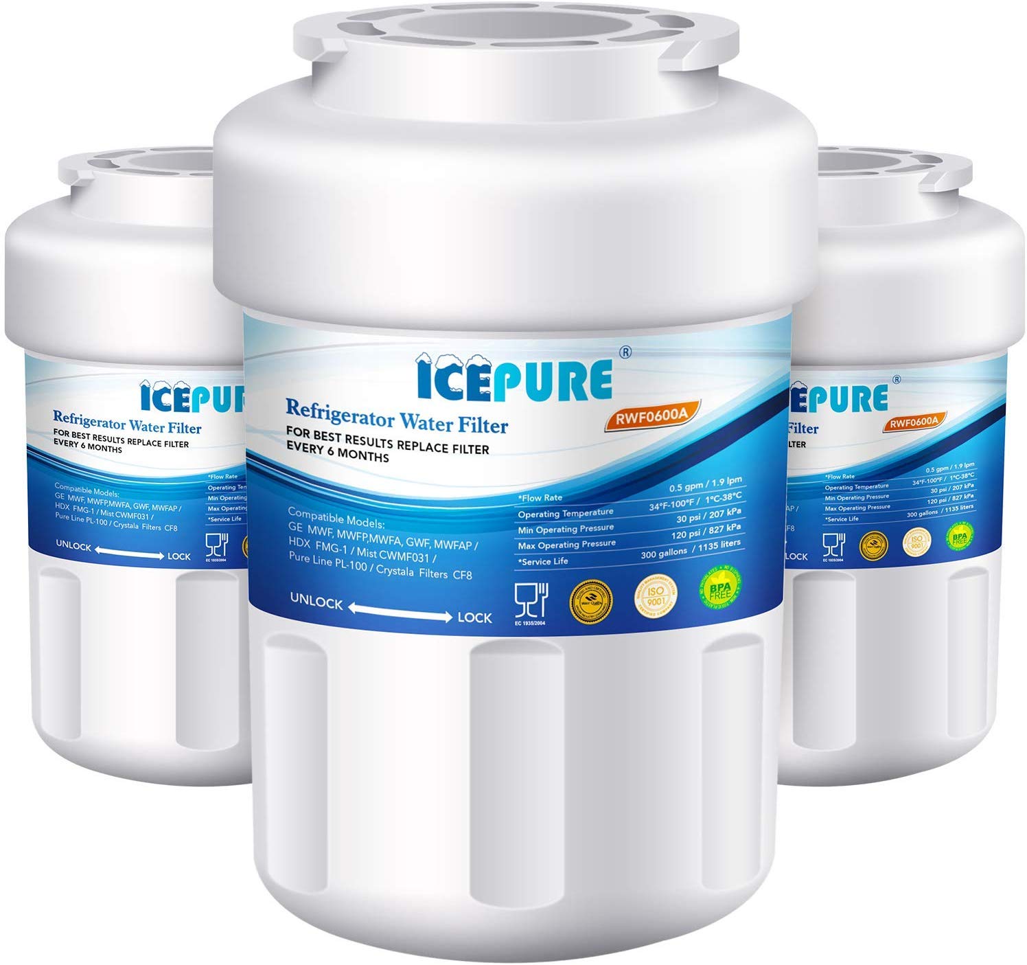 Icepure Replacement Refrigerator Water Filter for GE MWF, MWFP, MWFA, MWFAP, MWFINT, GWF, GWF01, GWF06, GWFA, HWF, HWFA, FMG-1, Refrigerator Water Filter 3PACK