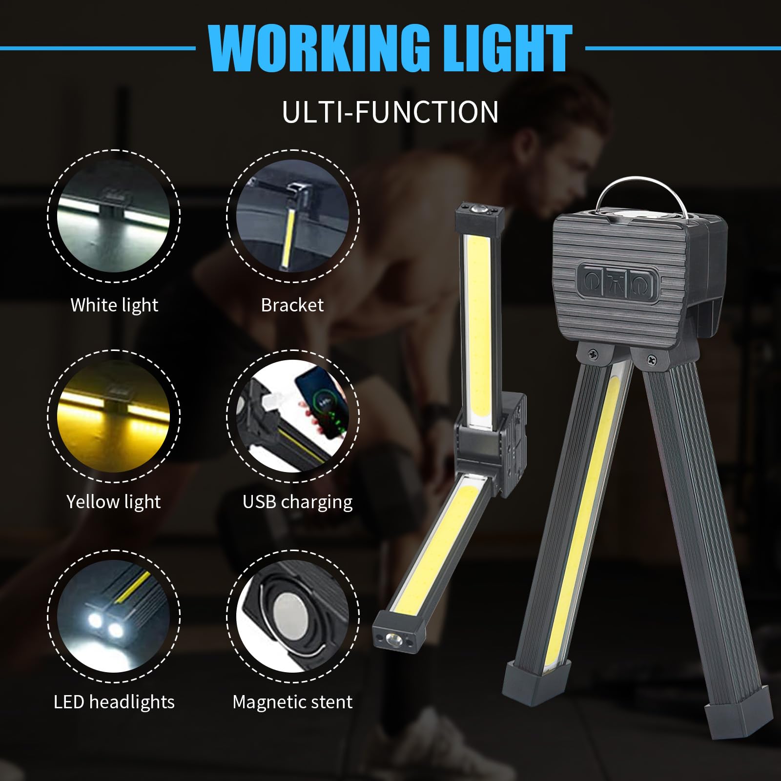 Gym Lamp for Posing, 180° Adjustable Handheld Folding LED Posing Lamp, Portable Magnetic Work Lights Flashlight with Hang Hook, 7-Level Dimming and 4 Light Modes, for Gyms, Workbenches, Camping Tents