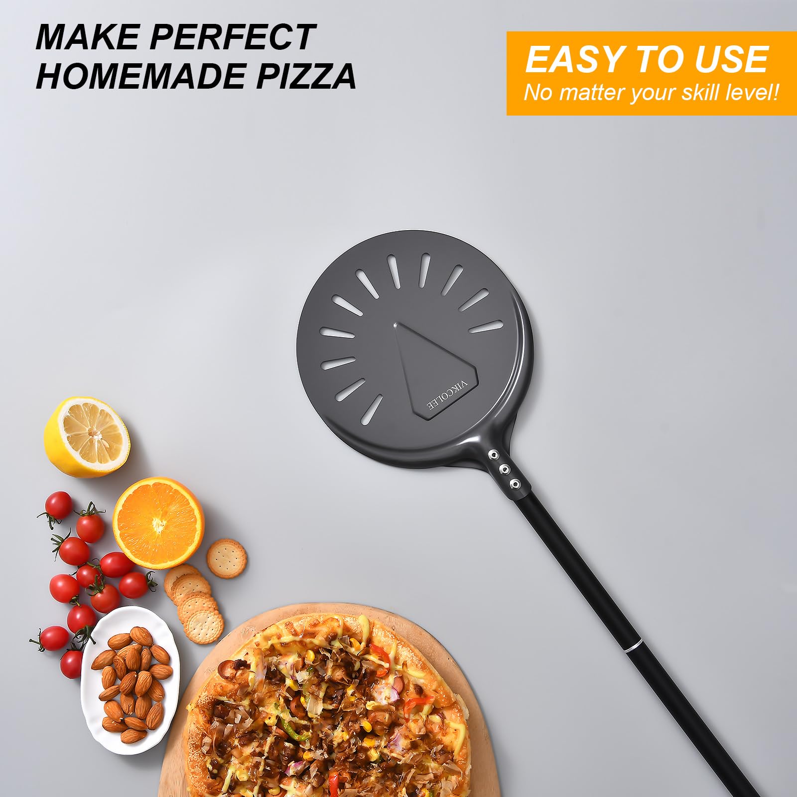 VIKCOLEE Turning Pizza Peel, 8 Inch with 25 Inch Handle Round Pizza Turning Peel, Professional Anodized Aluminum Turning Pizza Spatula, 33 Inch Overall