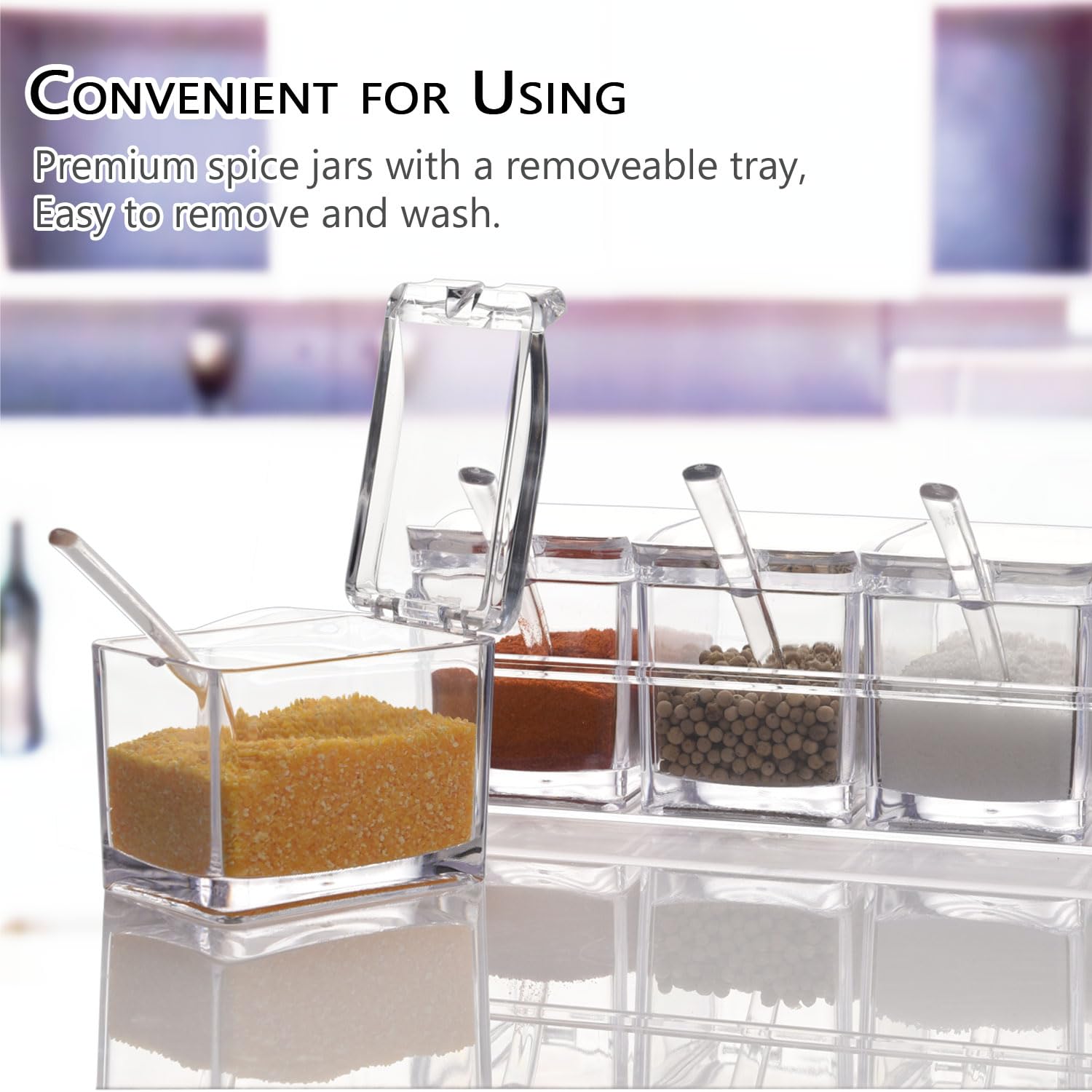 Clear Seasoning Box,V·Resourcing 4 Pieces Clear Seasoning Storage Container for Spice Salt Sugar Cruet,Condiment Jars with 4 Spoons