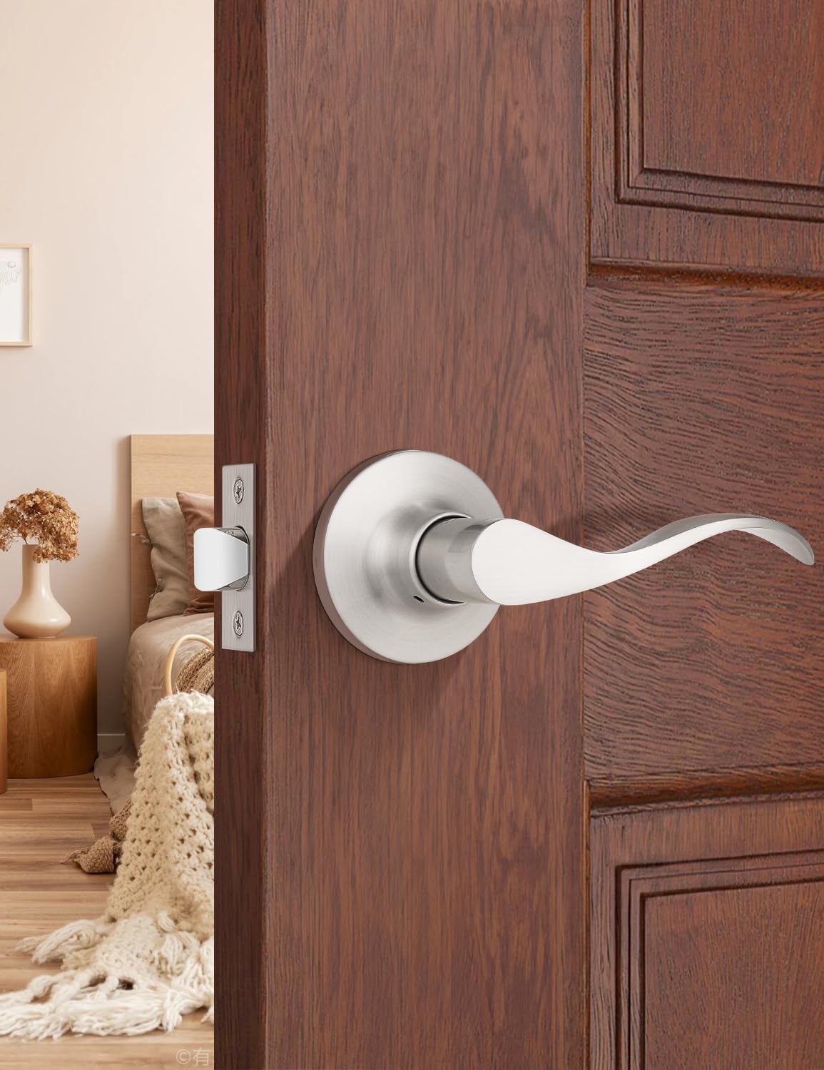 Mengico 1 Pack Satin Nickel Interior Passage Door Knobs, Keyless Door Handle for Hallway & Closet, Wave Style Non-Locking Door Lever Reversible for Left & Right Handed