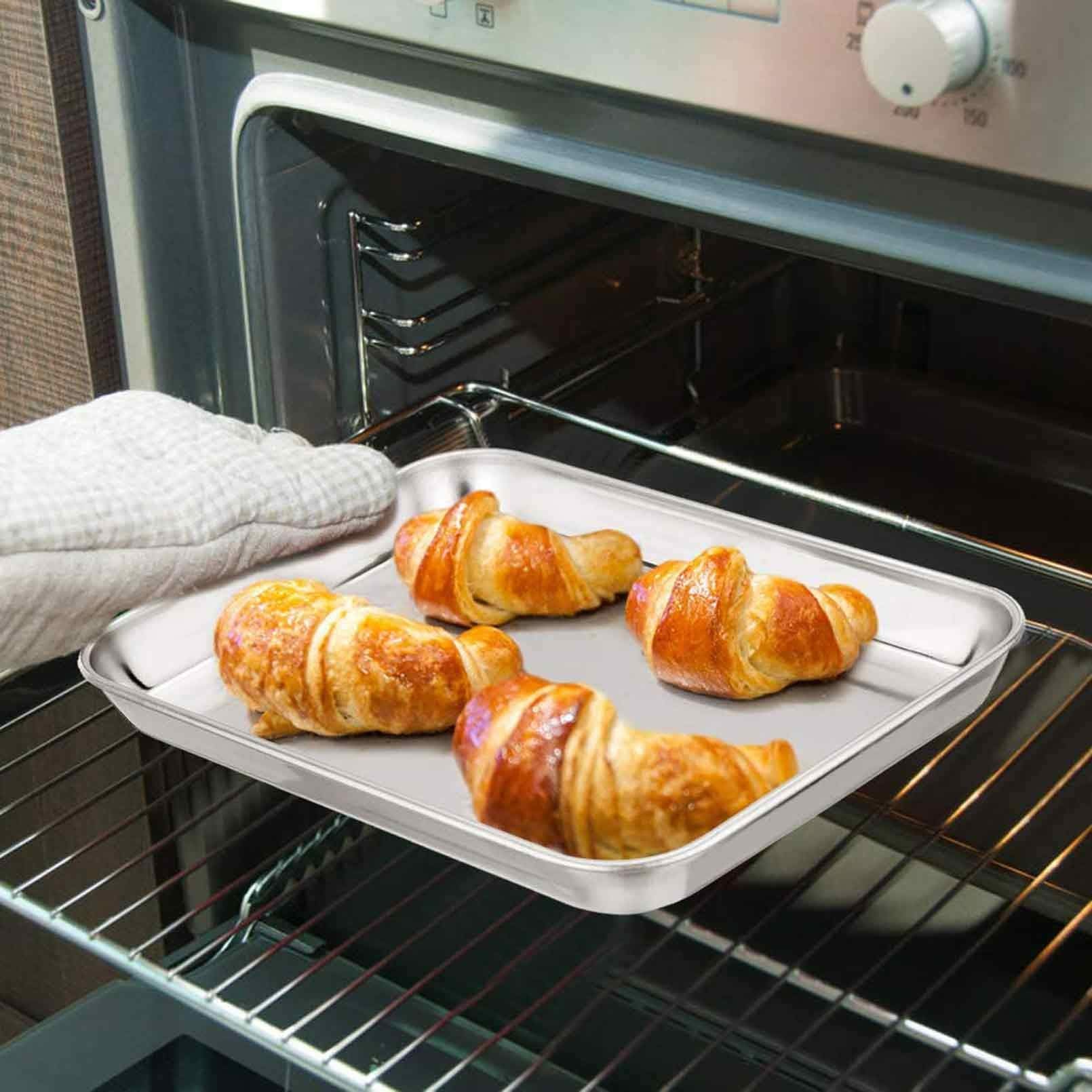 TeamFar- Toaster Oven Pans, 9.3'' X 7'' X 1'' Stainless Steel Compact Toaster Oven Tray Ovenware, Healthy & Durable, Roll Edge & Mirror Finish, Easy Clean & Dishwasher Safe 2 Pcs