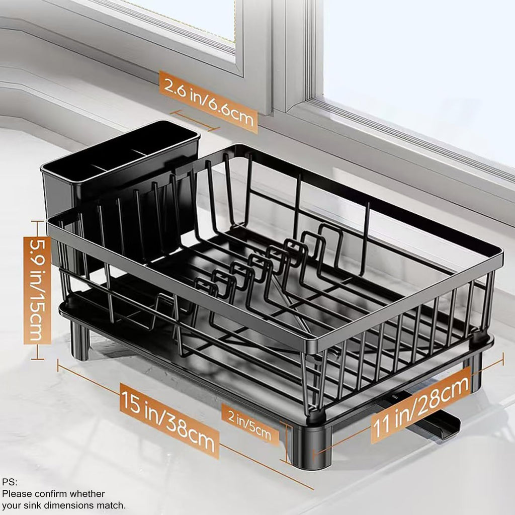Small Dish Drying Rack, Space Saving Dish Racks for Kitchen Counter, Kitchen Organizer Dish Drainer with Cutlery Holder for Spoons and Forks, Black