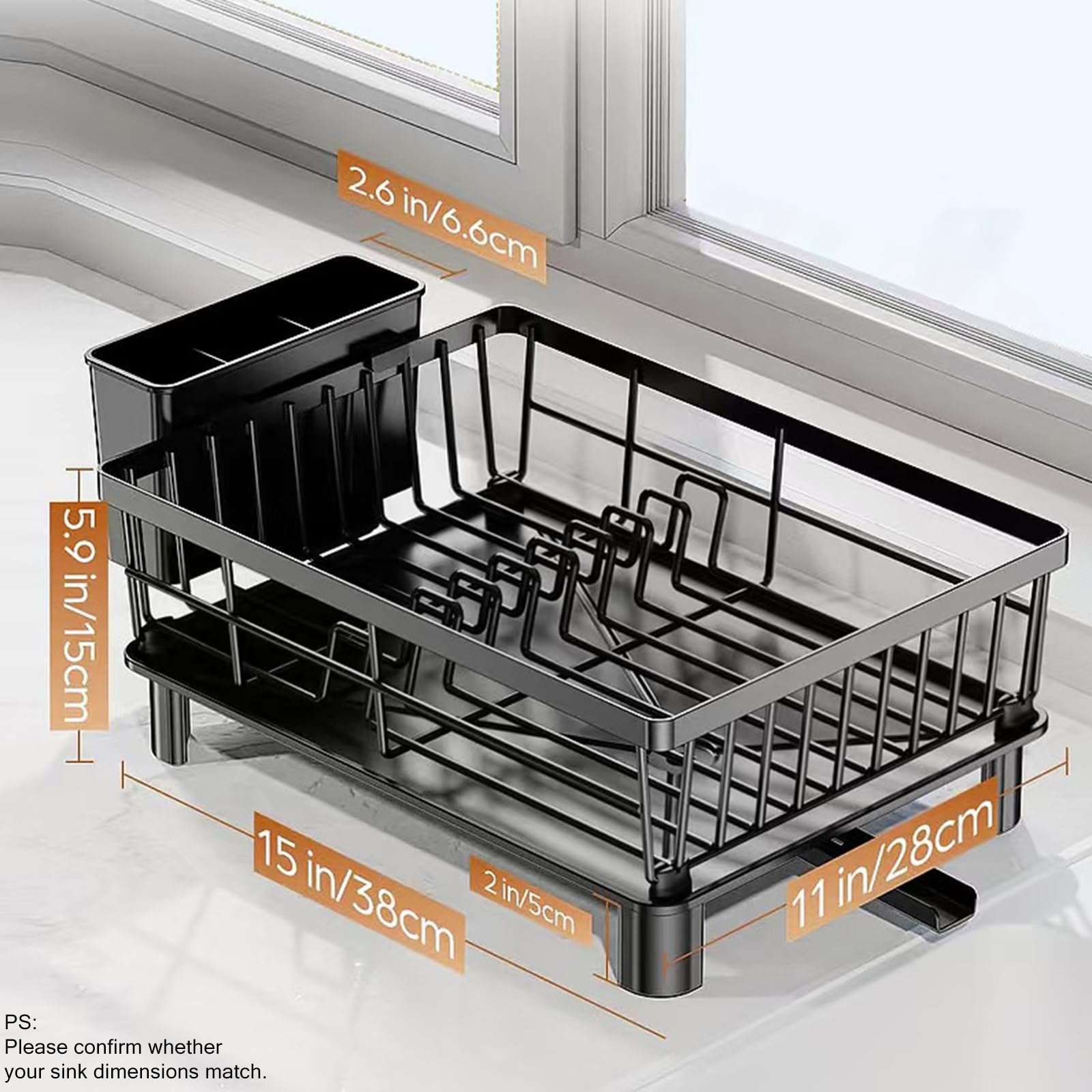 Small Dish Drying Rack, Space Saving Dish Racks for Kitchen Counter, Kitchen Organizer Dish Drainer with Cutlery Holder for Spoons and Forks, Black