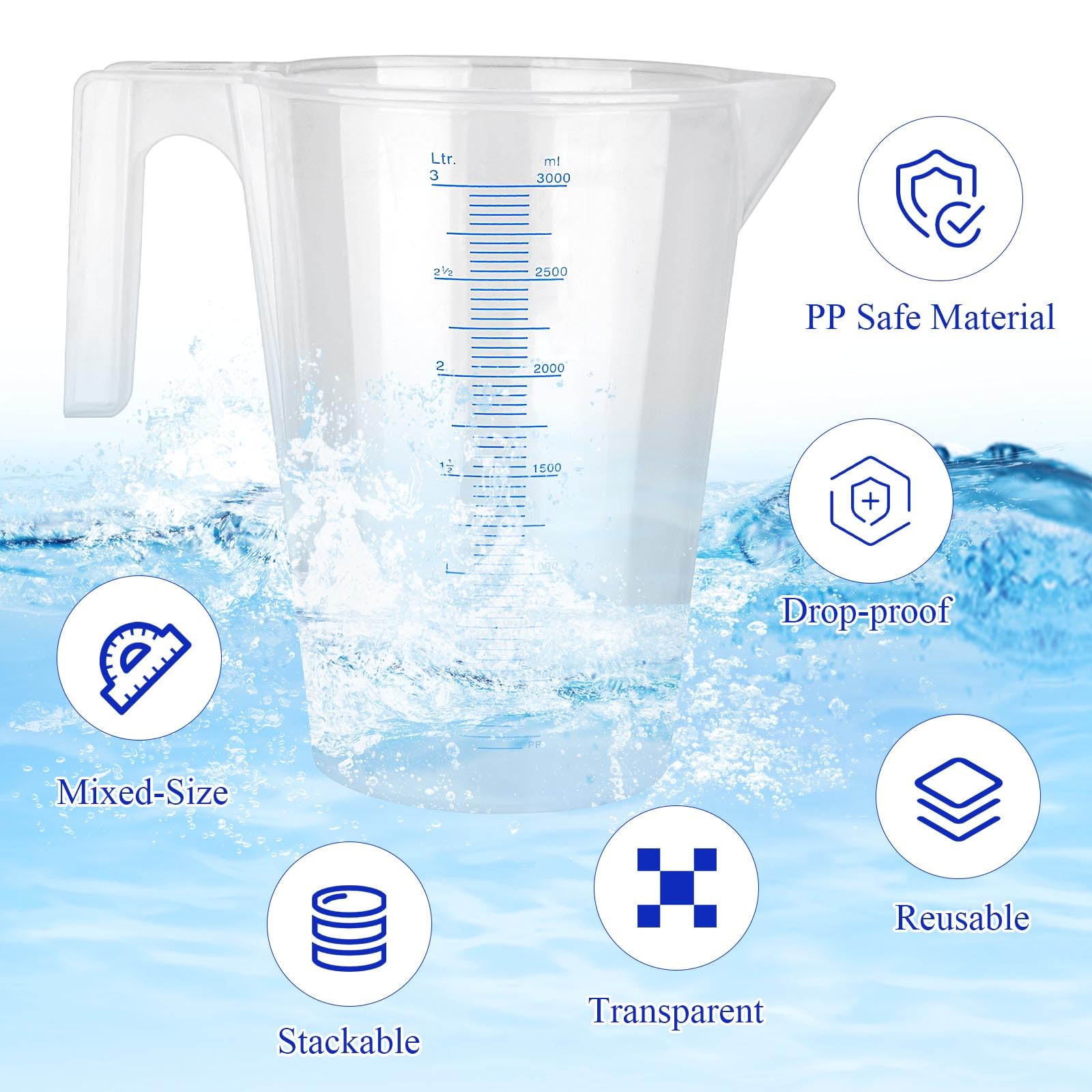 Supkiir 5Pcs Plastic Graduated Measuring and Mixing Pitchers, 3000/2000/1000/500ml Food Grade PP Shatterproof Pouring Cups for Paint Resin Epoxy Kitchen Lab Cooking Baking Ingredients