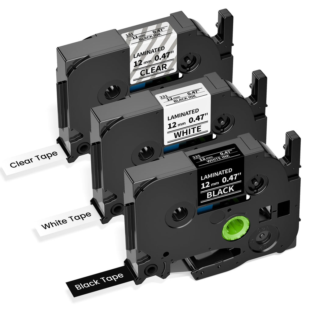 3-Pack Compatible Brother Label Maker Tape TZe-131 TZe-231 TZe-335, P Touch Label Tape TZe 12mm 0.47 Laminated for Brother PT-H100 H110 PT-D210 D200 PT-P700 (Black on Clear/White, White on Black)