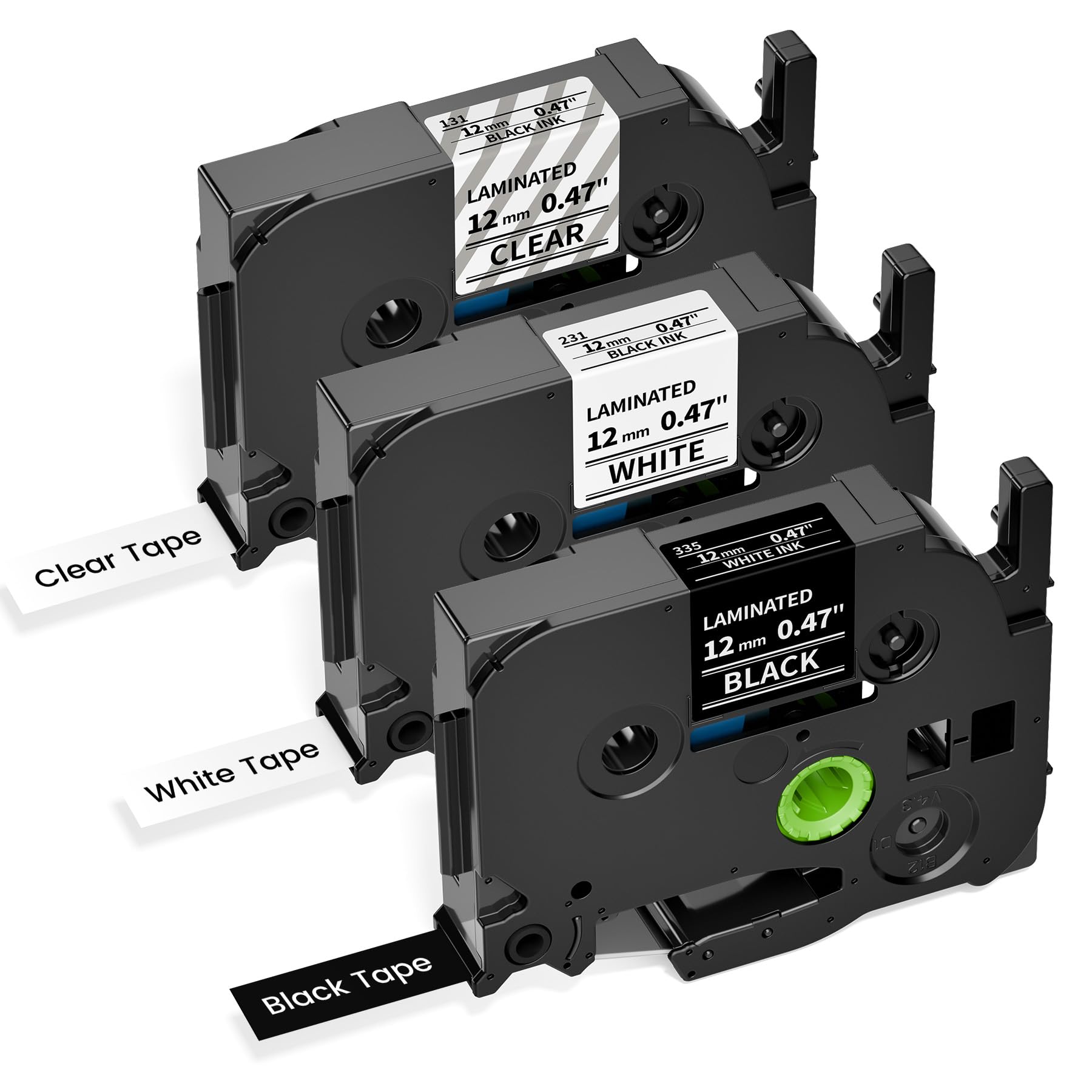 3-Pack Compatible Brother Label Maker Tape TZe-131 TZe-231 TZe-335, P Touch Label Tape TZe 12mm 0.47 Laminated for Brother PT-H100 H110 PT-D210 D200 PT-P700 (Black on Clear/White, White on Black)