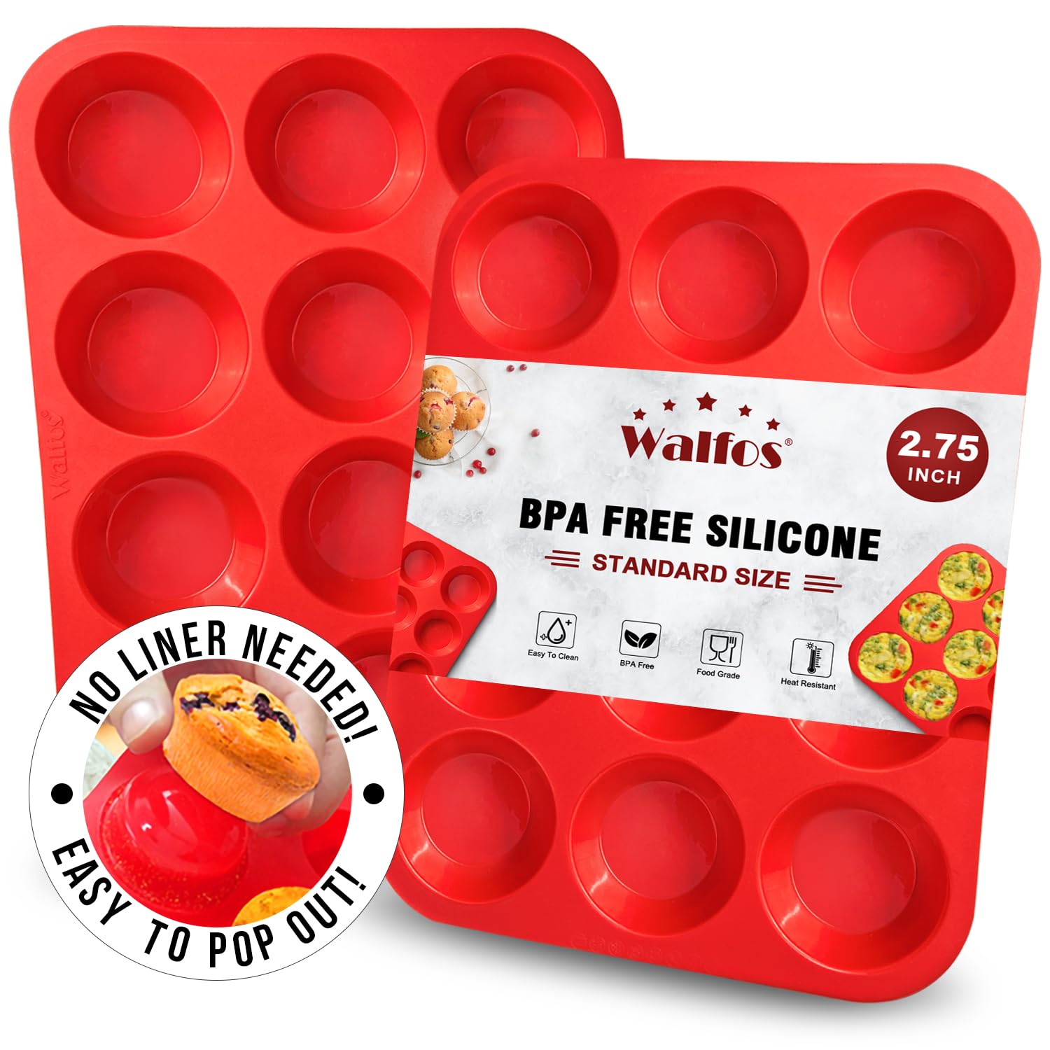 Walfos Silicone Muffin Pan - 12 Cups Regular Cupcake Pan, Non-Stick Silicone Muffin Tin for Egg Muffin, Cupcake, Tart, Bread, BPA Free - 2 Pack
