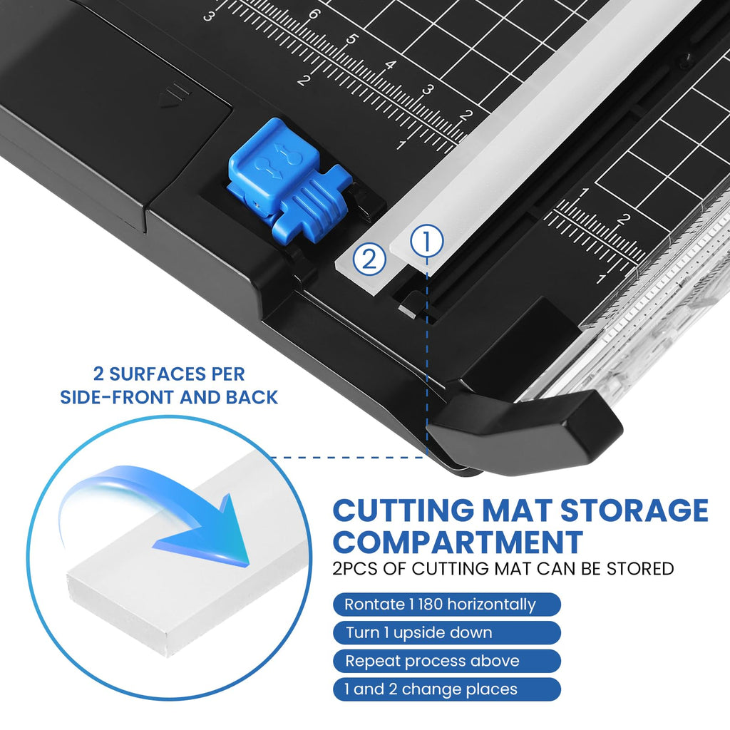 Paper Cutter, 12 Inch Rotary Trimmer, 5 Blades 4 Functions, Up to 6 Sheets Cut, with 2 Reversible Cutting Mats, Black Patent for Cardstock Scrapbooking