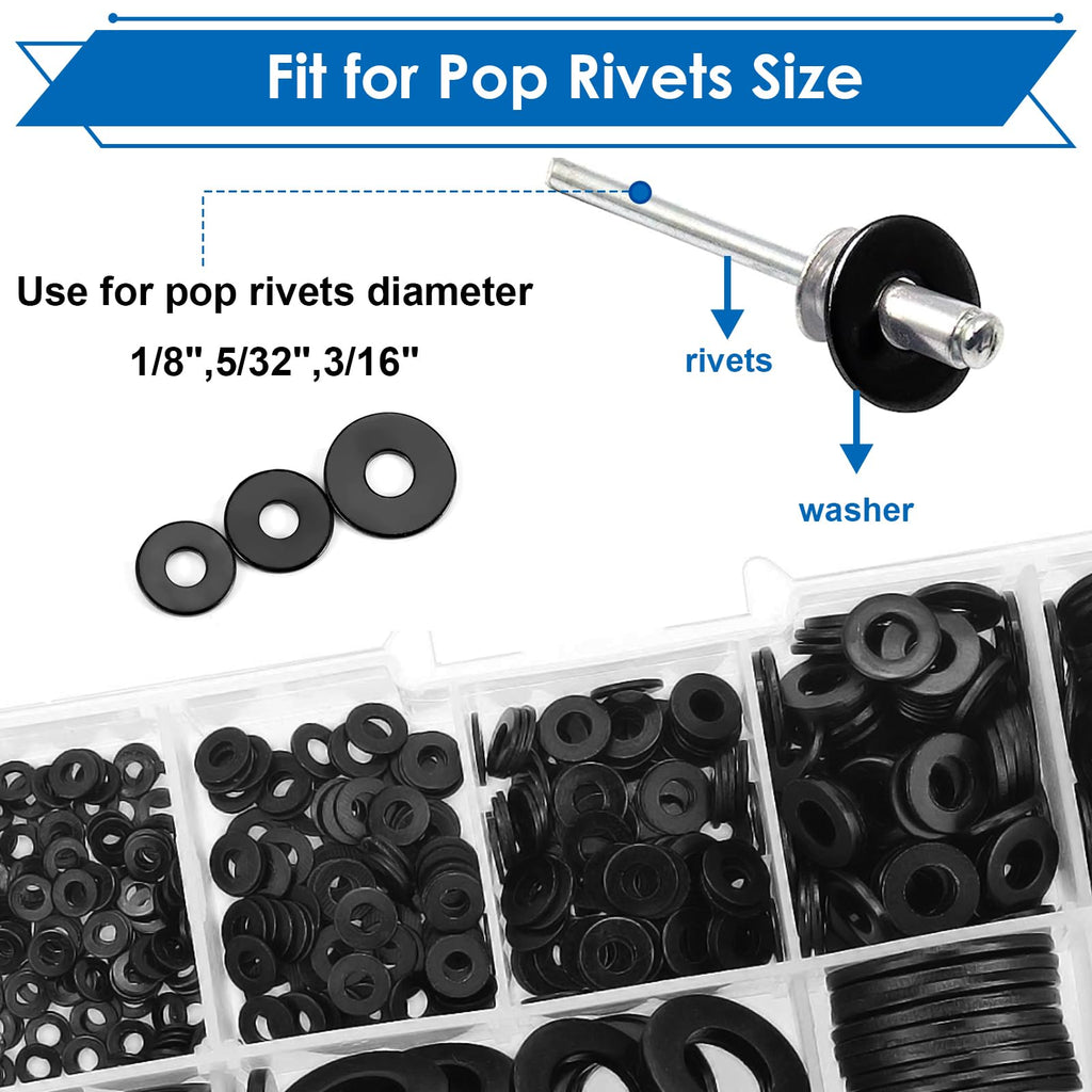 Seept 320PCS Black Pop Rivet washers Assortment kit for Black Pop Rivets Diameter 1/8",5/32",3/16" 304 Stainless Steel pop Rivet Washer Aluminum pop Rivet washers Blind Rivet Washer