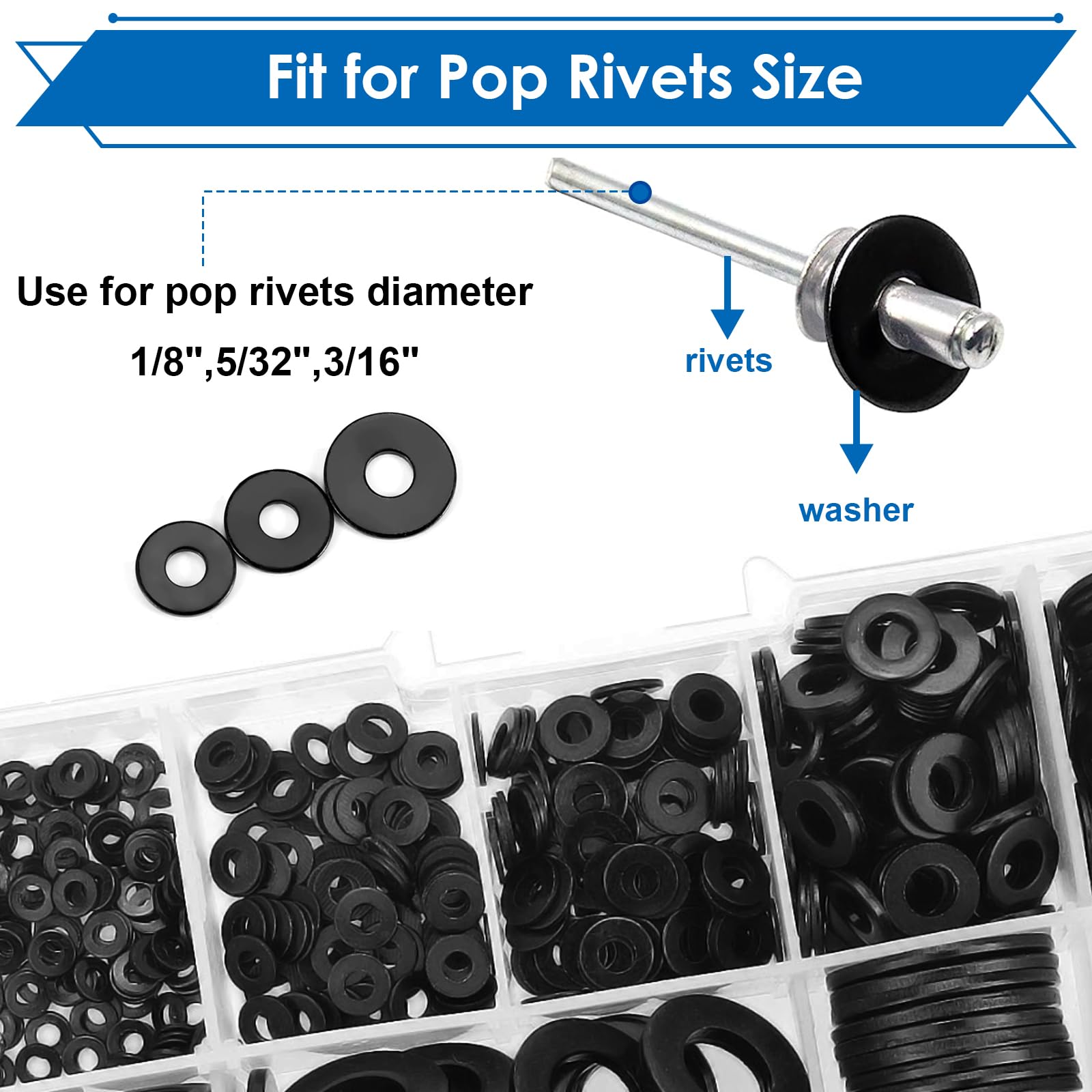 Seept 320PCS Black Pop Rivet washers Assortment kit for Black Pop Rivets Diameter 1/8",5/32",3/16" 304 Stainless Steel pop Rivet Washer Aluminum pop Rivet washers Blind Rivet Washer