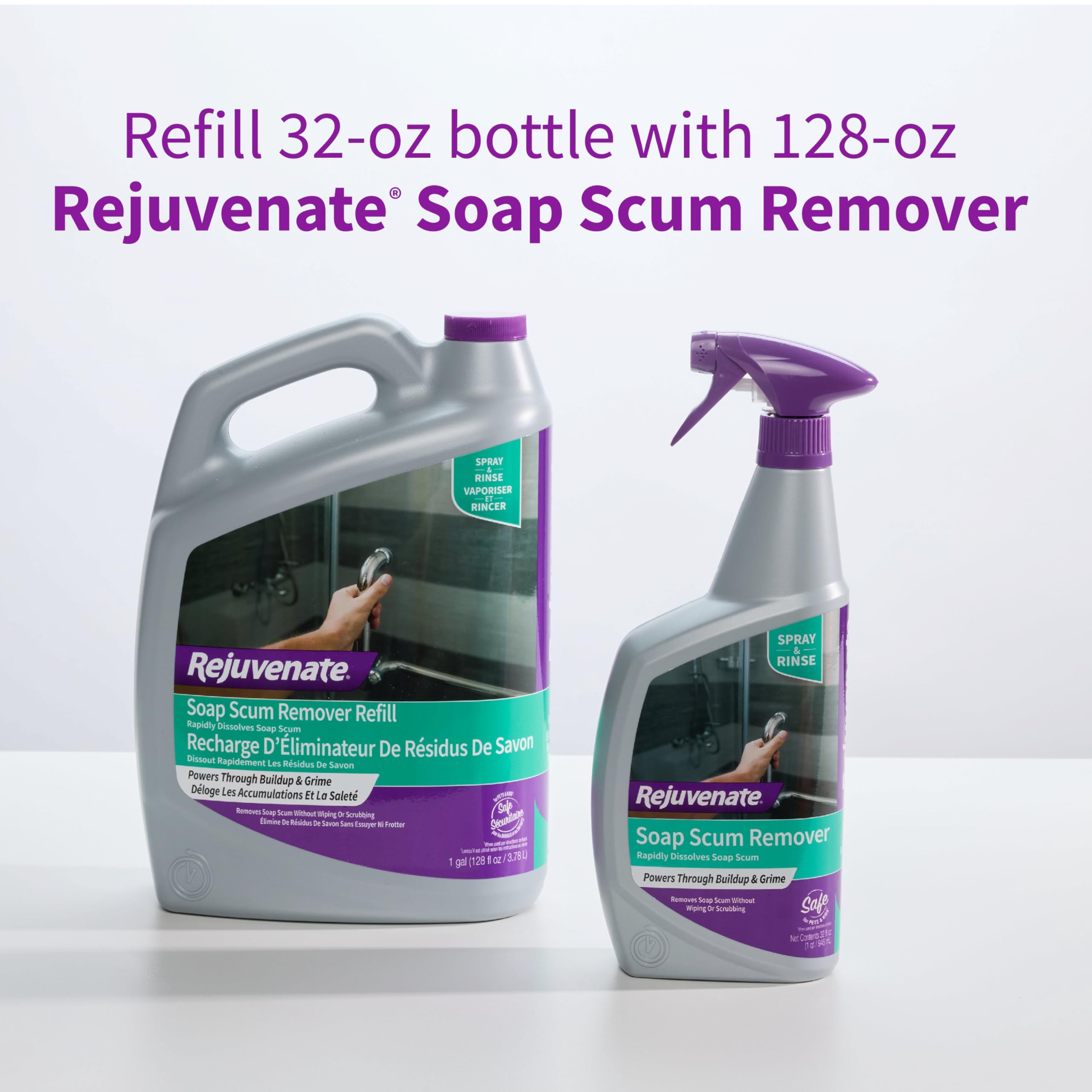 Rejuvenate Scrub Free Soap Scum Remover Non-Toxic Non-Abrasive Cleaning Formula - Spray and Rinse for Streak Free Finish on Glass, Ceramic Tile, Chrome, Plastic and More – 24 Ounce