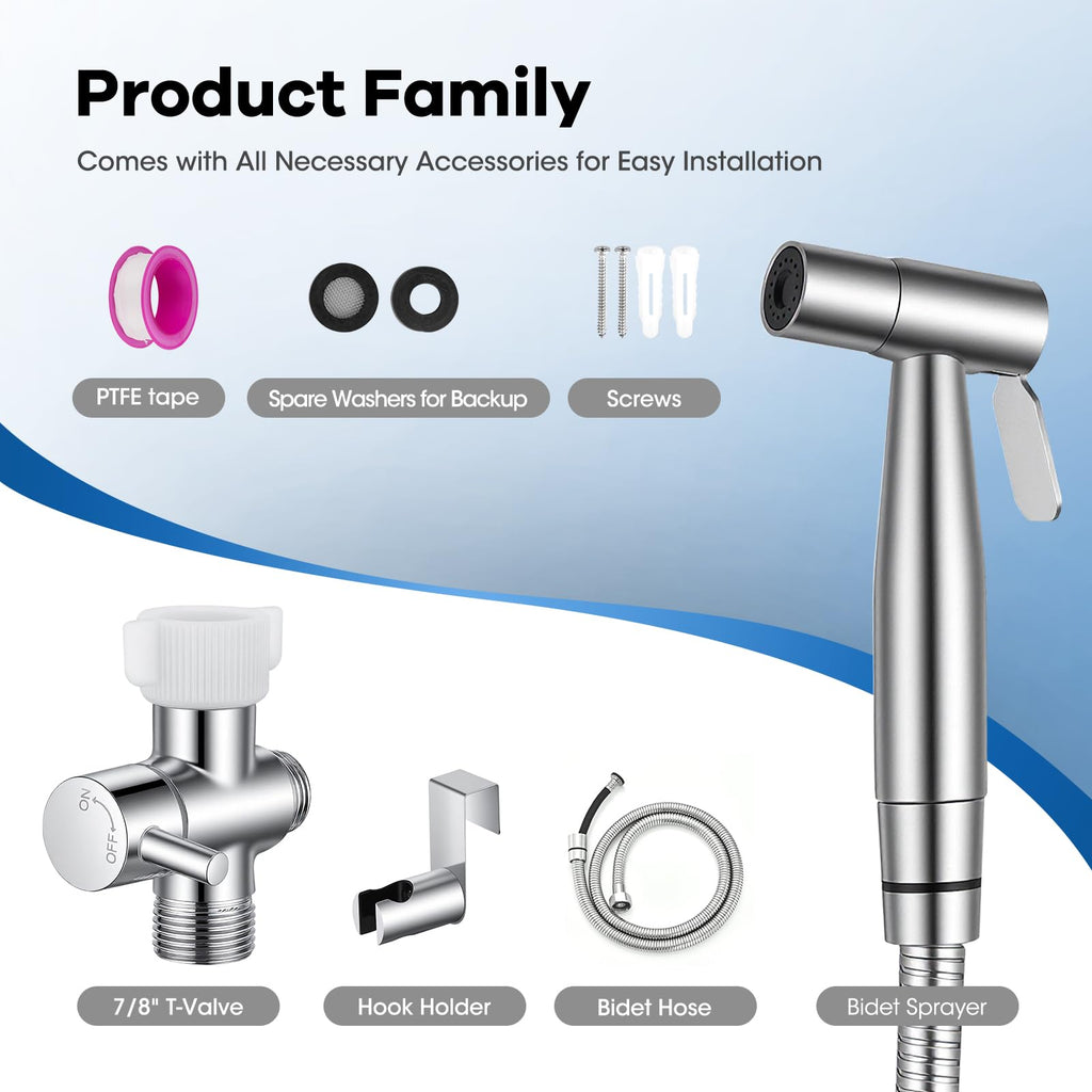 Handheld Bidet Sprayer Set for Toilet Stainless Steel Brushed Nickel Full Pressure & Stainless Steel & Leakproof with Hose Great Water Pressure for Bathing Pets, Personal Hygiene