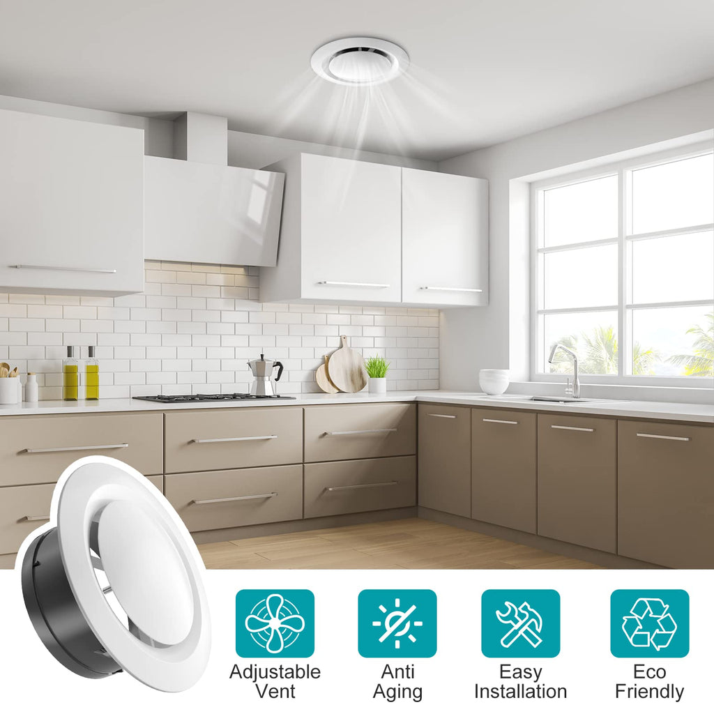 HG Power 4 Inch Soffit Vent, Adjustable Air Vent Cover, ABS Round Ceiling Vent Covers for Living Room, Attic, Bathroom, Kitchen, Ventilation Use, White - Opening Size 3.59", 2 Pack