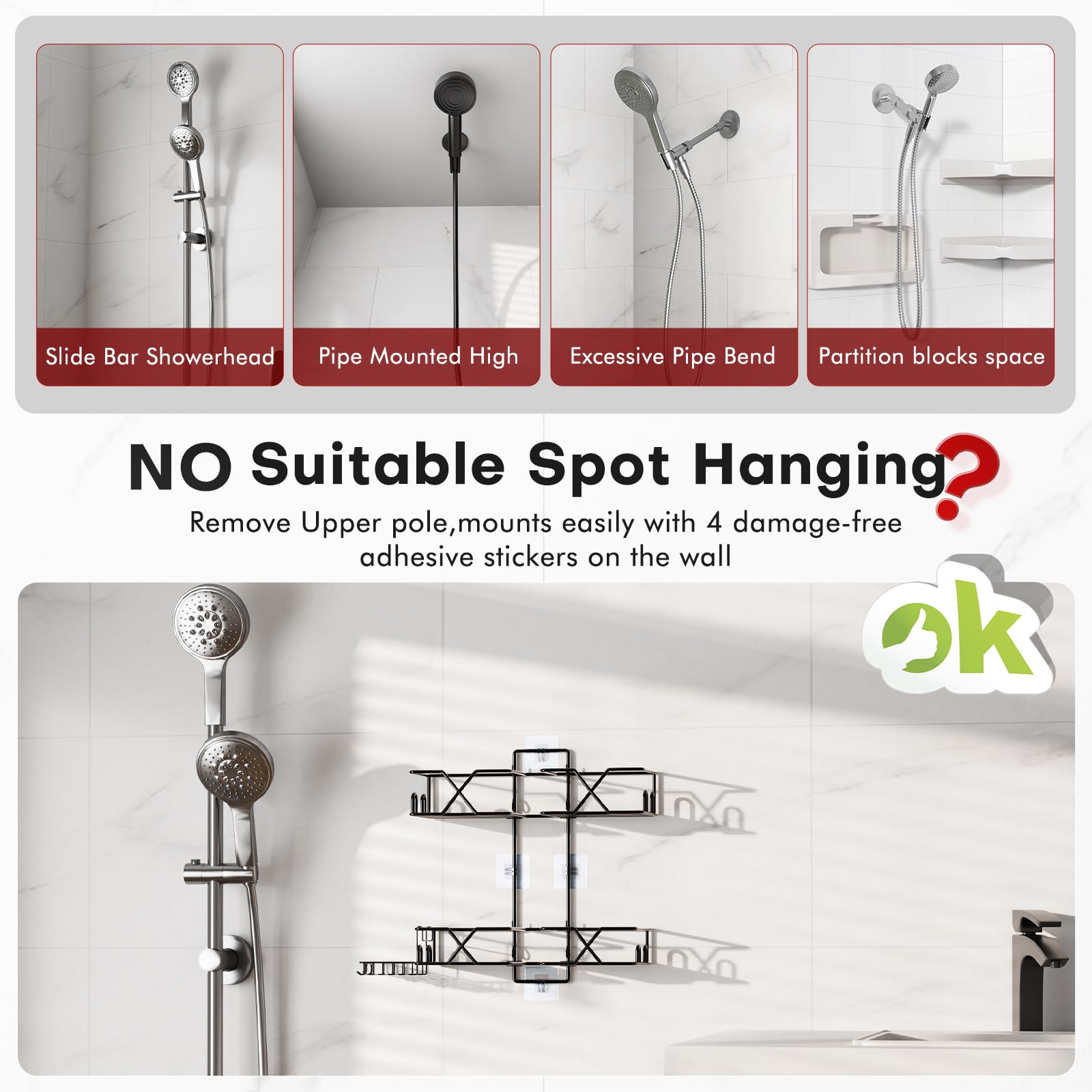 Upgraded Hanging Shower Caddy for Handheld Shower Heads,Adjustable Height Extra Long Bathroom Shower Organizer Hanger Rack with Hooks,Soap Holder