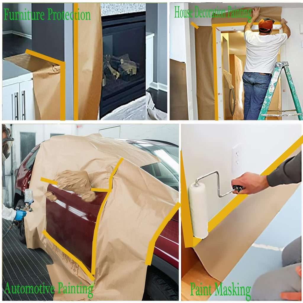 Xianshengle Pre-Taped Masking Paper for Painting - 20 Inch x 50 Feet Brown Kraft Paper Tape and Drape Roll, Paint Adhesive Protective Paper for Covering Skirting, Frames, Cars and Auto Body