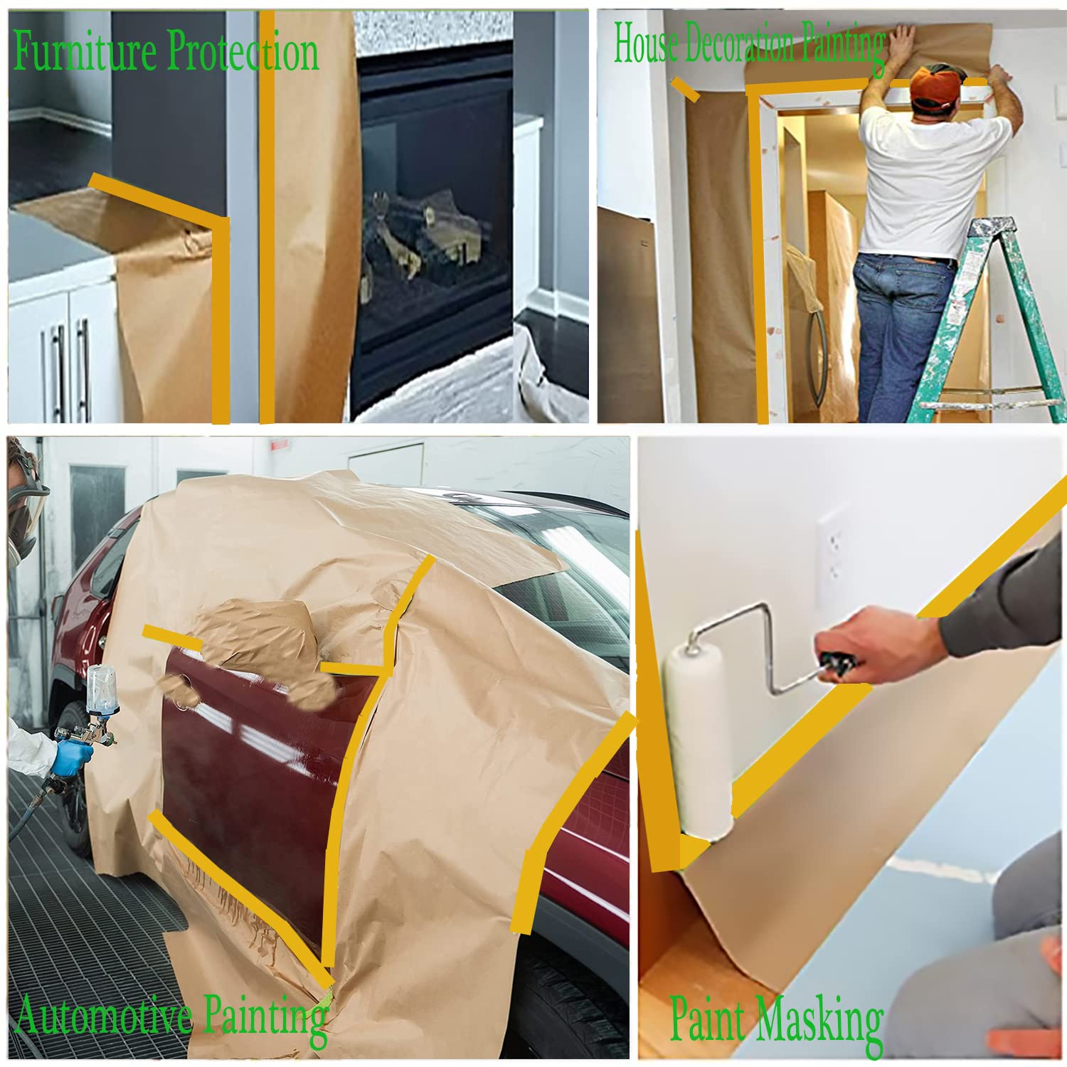 Xianshengle Pre-Taped Masking Paper for Painting - 20 Inch x 50 Feet Brown Kraft Paper Tape and Drape Roll, Paint Adhesive Protective Paper for Covering Skirting, Frames, Cars and Auto Body