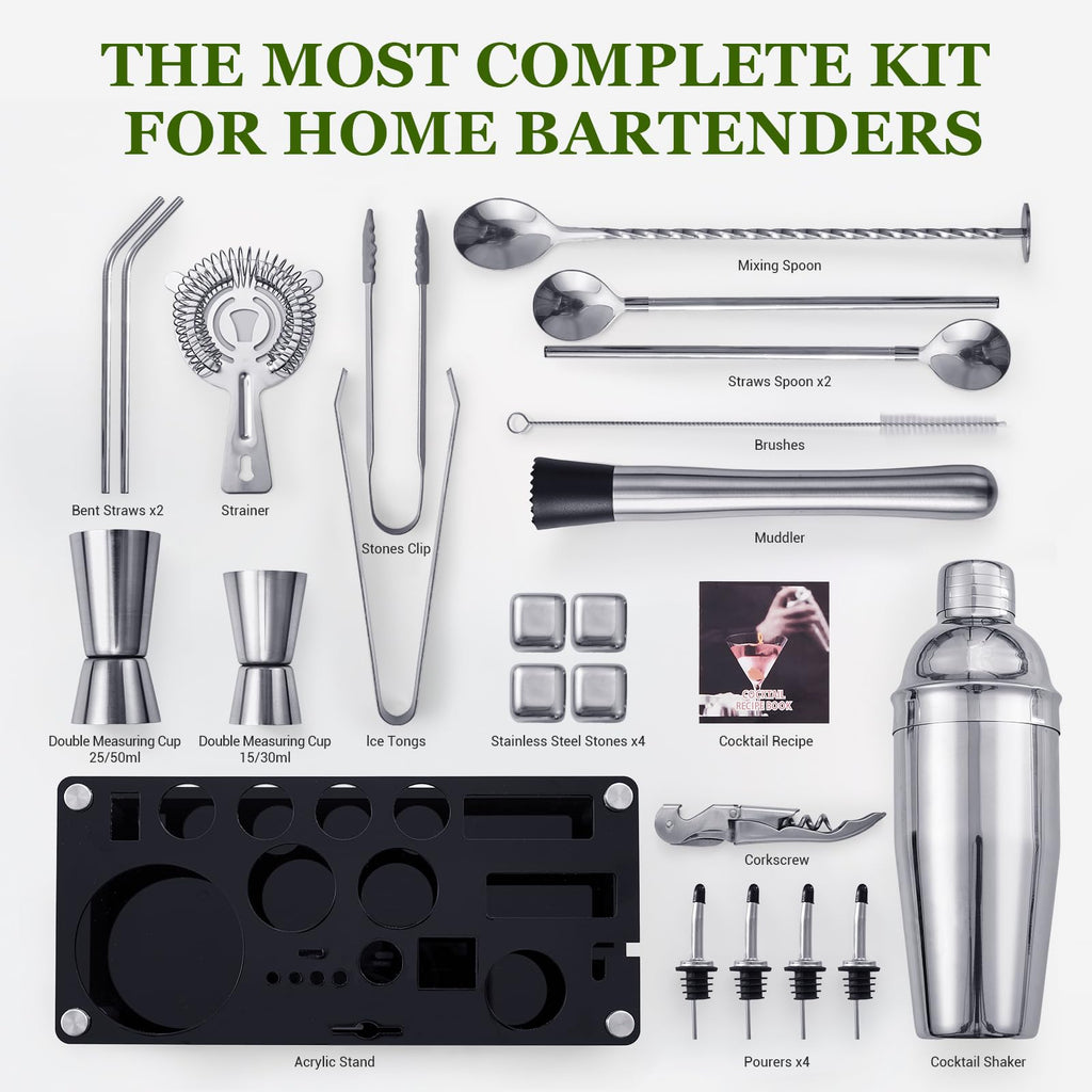 Cocktail Shaker Set, 23-Piece Stainless Steel Bartender Kit with Acrylic Stand & Cocktail Recipes Booklet, Professional Bar Tools for Drink Mixing, Home, Bar, Party (Sliver, 25oz)