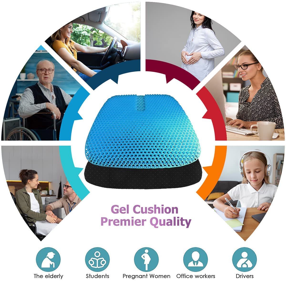 Gel Seat Cushion for Long Sitting, Gel Cushions for Pressure Sores Relief, Double Thick Gel Cushion for Sitting, Seat Cushions for Office Chairs with Breathable Nonslip Cover