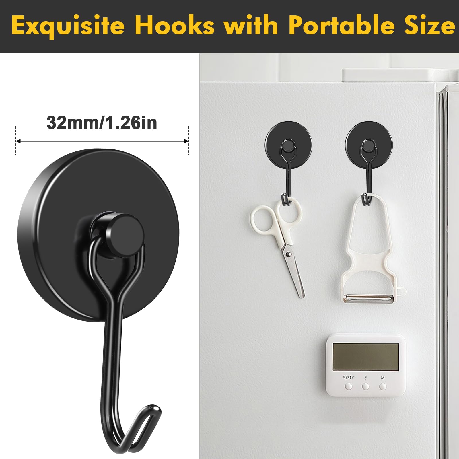 MIKEDE Magnetic Hooks, 110LB Swivel Magnetic Hooks Cruise, Black Magnet Hooks Heavy Duty for Hanging, Grill, Cruise Cabins, Refrigerator, Grill, Kitchen, Locker - Pack of 12