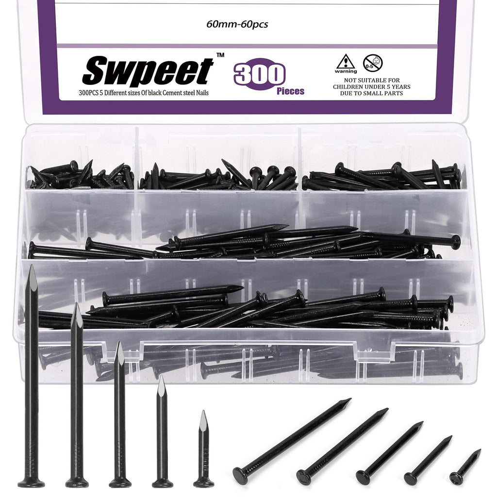 Swpeet 300Pcs 5 Sizes 3/4" 1-1/4" 1-3/5" 2" 2-3/8" Black Hardware Nails Assortment Kit，Steel Nail, Galvanized Nails, Small Nails, Finishing Nails, Wall Nails, Wood Nails, Nails for Concrete Brick