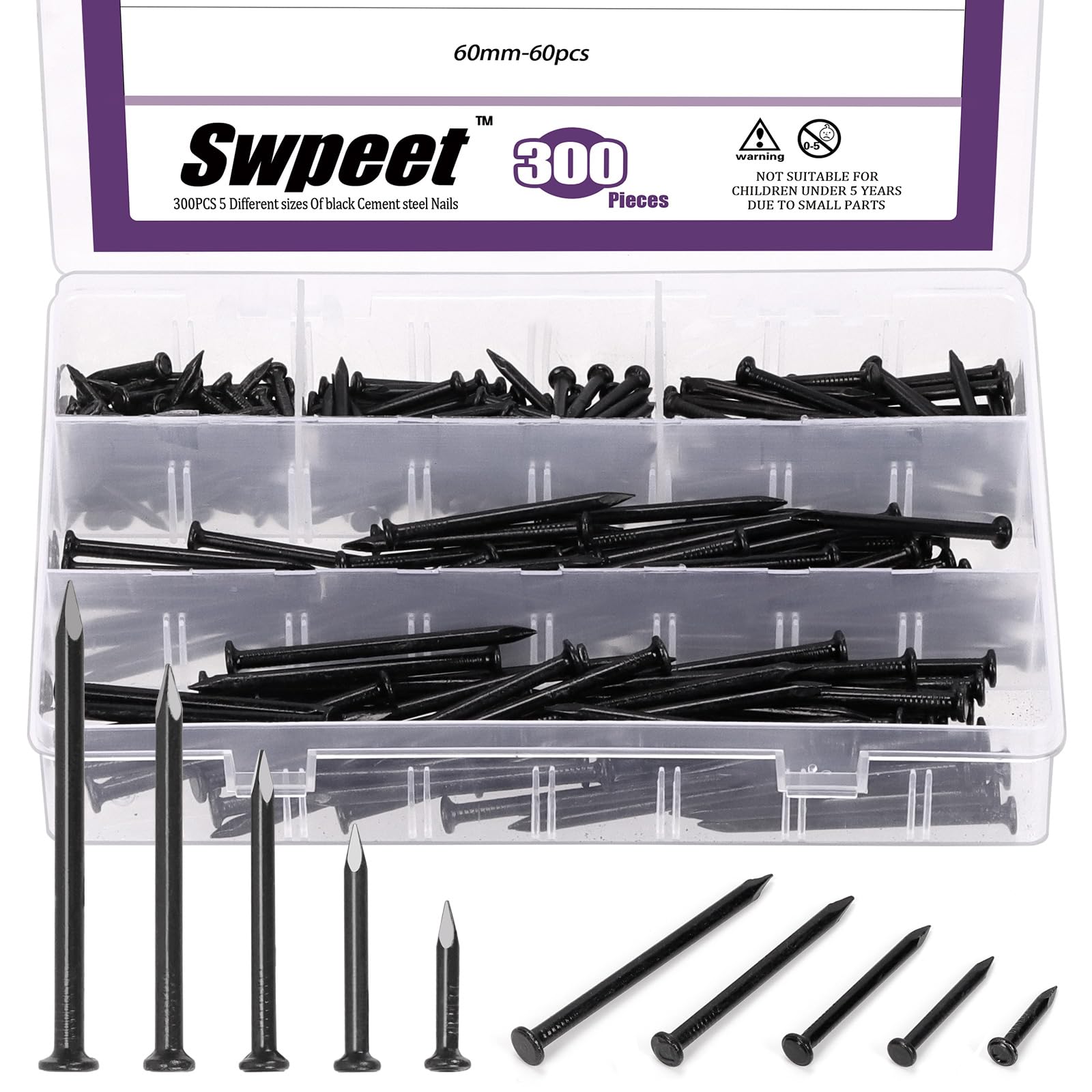 Swpeet 300Pcs 5 Sizes 3/4" 1-1/4" 1-3/5" 2" 2-3/8" Black Hardware Nails Assortment Kit，Steel Nail, Galvanized Nails, Small Nails, Finishing Nails, Wall Nails, Wood Nails, Nails for Concrete Brick