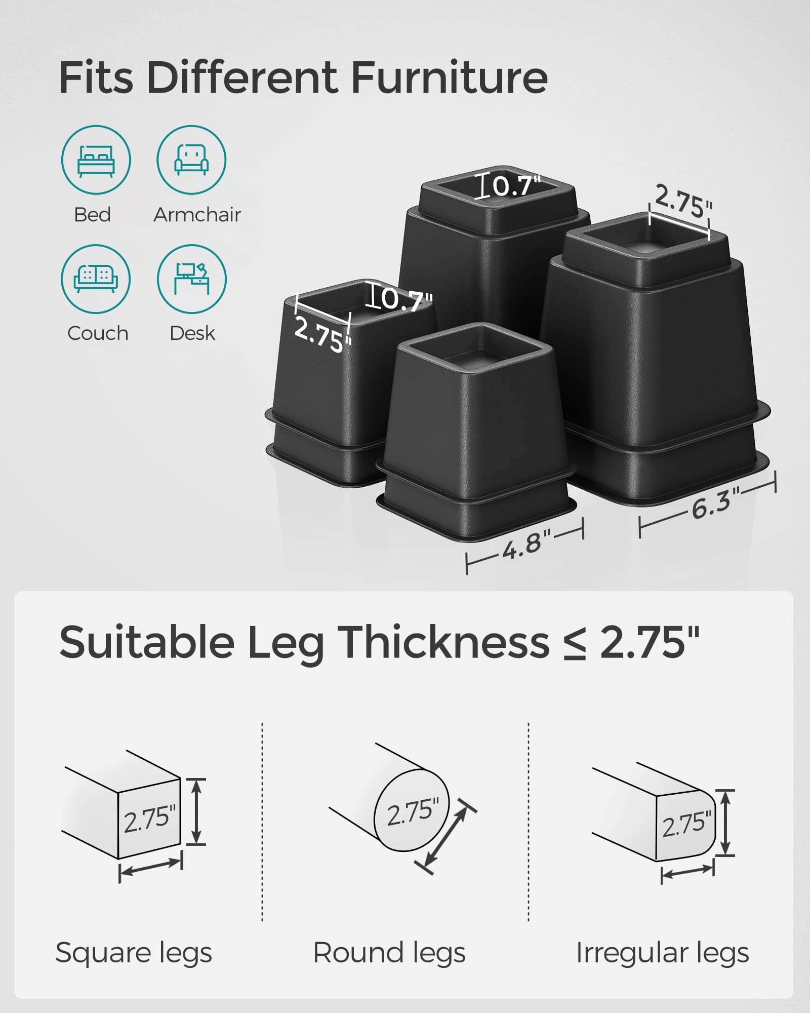 SONGMICS 4-Pack Heavy Duty Bed Lifts, Adjustable 3/5/8 Inch, Supports up to 1300 lb, Black, Rectangular, Modern, PP Plastic, 2.8" x 3-8", Beds, Sofas, Desks, Tables