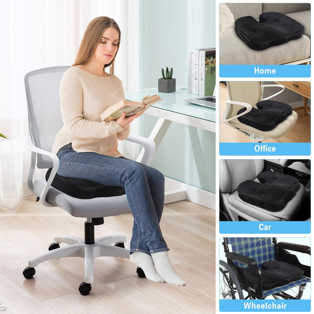 Fenshunder Seat Cushion for Sciatica Relief – Large Ergonomic Memory Foam Pad for Lower Back & Tailbone Support – Orthopedic Cushion for Car, Office Chair, Truck & Wheelchair (Black)