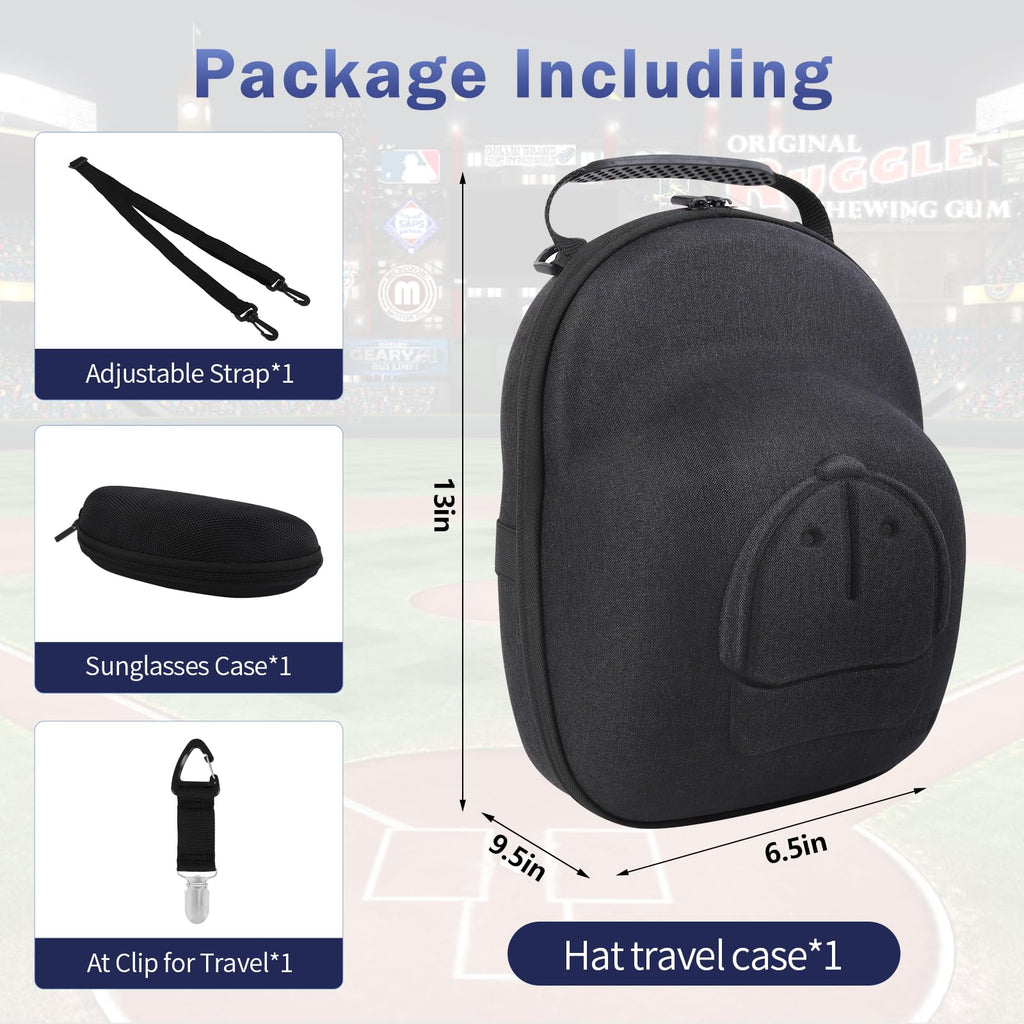 Anguu Hat Travel Case, Hard Hat Carrier Organizer with Clip & Glasses Storage, Holds 6 Baseball Caps for Home/Travel - Black