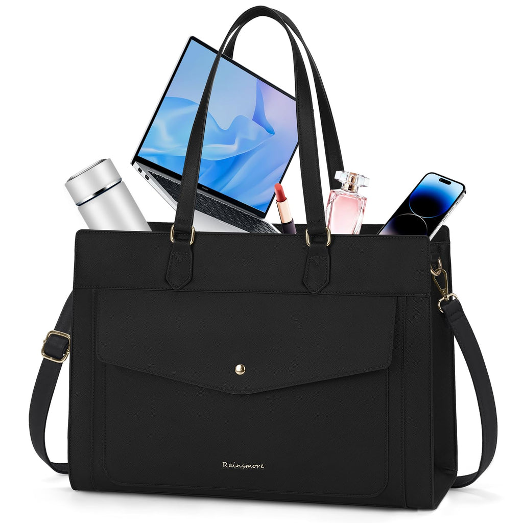 RAINSMORE Laptop Bags For Women 15.6Inch Leather Work Tote Bags Laptop Tote Waterproof Laptop Purse Business Office Computer Bag Professional Womens Briefcase Large Handbag for Travel College, Black
