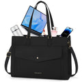 RAINSMORE Laptop Bags For Women 15.6Inch Leather Work Tote Bags Laptop Tote Waterproof Laptop Purse Business Office Computer Bag Professional Womens Briefcase Large Handbag for Travel College, Black